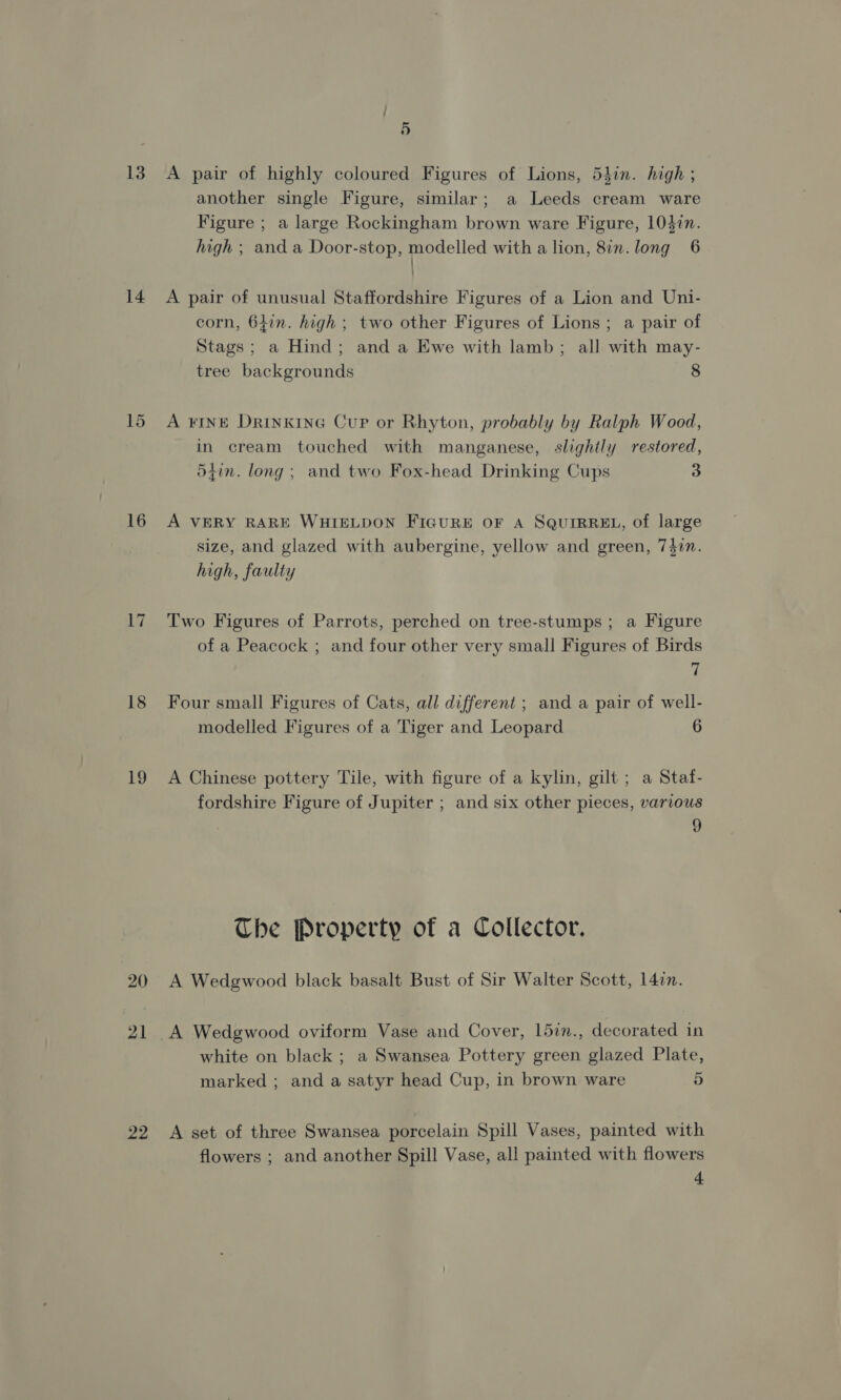 13 14 15 16 18 19 20 22 vas A pair of highly coloured Figures of Lions, 5iin. high ; another single Figure, similar; a Leeds cream ware Figure ; a large Rockingham brown ware Figure, 1047n. high ; and a Door-stop, modelled with a lion, 8in. long 6 A pair of unusual Staffordshire Figures of a Lion and Uni- corn, 6}in. high ; two other Figures of Lions ; a pair of Stags; a Hind; and a Ewe with lamb; all with may- tree backgrounds 8 A FINE DRINKING CuP or Rhyton, probably by Ralph Wood, in cream touched with manganese, slightly restored, 54in. long; and two Fox-head Drinking Cups 3 A VERY RARE WHIELDON FIGURE OF A SQUIRREL, of large size, and glazed with aubergine, yellow and green, 7417. high, faulty Two Figures of Parrots, perched on tree-stumps; a Figure of a Peacock ; and four other very small Figures of Birds 7 Four small Figures of Cats, all different ; and a pair of well- modelled Figures of a Tiger and Leopard 6 A Chinese pottery Tile, with figure of a kylin, gilt ; a Staf- fordshire Figure of Jupiter ; and six other pieces, various 9 Che Property of a Collector. A Wedgwood black basalt Bust of Sir Walter Scott, l4on. A Wedgwood oviform Vase and Cover, 15im., decorated in white on black ; a Swansea Pottery green glazed Plate, marked ; and a satyr head Cup, in brown ware 5 A set of three Swansea porcelain Spill Vases, painted with flowers ; and another Spill Vase, all painted with flowers 4
