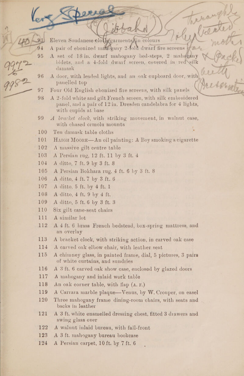   () fy said % sf ie hy » wet? OS es a ni PO Te Ne . cs &gt; tt ) se ahi. Hleven Soudanese cloth¢és MAN A A pair of ebonized matt i A set of 18in. dwarf at bed- os 2 eee 20 ‘ {xe B\ bidets, and a 4-fold dwarf screen, covered in red’ silk  P ay damask * 6.,t4 A door, with leaded lights, and an oak cupboard door, with v t ge X | eS 4. panelled top | a Ys tAttwh Four Old English ebonized fire screens, with silk panels ‘Sy i ae *  A 2-fold white and gilt French screen, with silk embroidered panel, and a pair of 12in. Dresden candelabra for 4 lights, with cupids at base 99 A bracket clock, with striking movement, in walnut case, with chased ormolu mounts 100 Ten damask table cloths : 101 HatcH MoorE—An oil painting: A Boy smoking a cigarette 102 A massive gilt centre table 103 A Persian rug, 12 ft. 11 by 3 ft. 4 104 A ditto, 7 ft.9 by 3 ft. 8 105 A Persian Bokhara rug, 4 ft. 6 by 3 ft. 8 106 .,A ditto. 4.if. 7. by-3.ft., 6 107 A ditto, 5 ft. by 4 ft. 1 108 A ditto, 4 ft. 9 by 4 ft. 110 Six gilt cane-seat chairs 111 A similar lot 112 A4ft.6 brass French bedstead, box-spring mattress, and an overlay  113 A bracket clock, with striking action, in carved oak case 114 A carved oak elbow chair, with leather seat 115 A chimney glass, in painted frame, dial, 5 pictures, 3 pairs of white curtains, and sundries 116 A 3 ft. 6 carved oak show case, enclosed by glazed doors 117 A mahogany and inlaid work table 118 An oak corner table, with flap (A. F.) 119 A Carrara marble plaque—Venus, by W. Crouper, on easel 120 Three mahogany frame dining-room chairs, with seats and backs in leather 121 A 3 ft. white enamelled dressing chest, fitted 3 drawers and swing glass over 122 A walnut inlaid bureau, with fall-front 123 A 3 ft. mahogany bureau bookcase 124 A Persian carpet, 10 ft. by 7 ft. 6