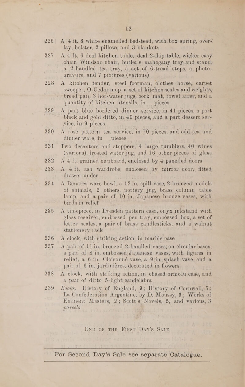 226 227 229 235 236 12 A 4ft..6 white enamelled bedstead, with box spring, over~ lay, bolster, 2 pillows and 3 blankets A 4 ft. 6 deal kitchen table, deal 2-flap table, wicker easy chair, Windsor chair, butler’s mahogany tray and stand, a 2-handled tea tray, a set of 6-tread steps, a photo- gravure, and 7 pictures (various) A kitchen fender, steel footman, clothes horse, carpet sweeper, O-Cedar mop, a set of kitchen scales and weights, bread pan, 3 hot-water jugs, cork mat, towel airer, and a quantity of kitchen utensils, in — pieces A part blue bordered dinner service, in 41 pieces, a part black and gold ditto, in 40: pieces, and a part dessert ser- vice, in 9 pieces A rose pattern tea service, in 70 pieces, and odd tea and dinner ware, in pieces Two decanters and stoppers, 4 large tumblers, 40 wines (various), frosted water jug, and 16 other pieces of glass A 4 ft. grained cupboard, enclosed by 4 panelled doors A 4 ft. ash wardrobe, enclosed by mirror door, fitted drawer under A Benares ware bowl, a 123 in. spill vase, 2 bronzed models of animals, 2 others, pottery jug, brass column table lamp, and a pair of 10 in. Japanese bronze vases, with birds in relief A timepiece, in Dresden pattern case, onyx inkstand with glass receiver, embossed pen tray, embossed box, a set of letter scales, a pair of ae candlesticks, and a eerie stationery rack A clock, with striking action, in marble case A pair of 1Lin, bronzed 2-handled vases, on circular bases, a pair of 8 in. embossed Japanese vases, with figures in relief, a 6 in. Cloisonné vase, a 9 in, splash vase, and a pair of 6 in. jardiniéres, decorated in flowers A clock, with striking action, in chased ormolu case, and a pair of ditto 5-light candelabra Books. History of England, 9; History of Cornwall, 5; La Confederation Argentine, by D. Moussy, 3; Works of Eminent Masters, 2; Scott’s Novels, 5, and various, 3 parcels END OF ‘THE First’ Day’s SALE.  For Second Day’s Sale see separate Catalogue.
