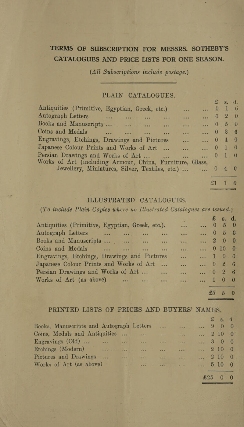 TERMS OF SUBSCRIPTION FOR MESSRS. SOTHEBY’S CATALOGUES AND PRICE LISTS FOR ONE SEASON. (All Subscriptions include postage.)   PLAIN CATALOGUES. Antiquities (Primitive, cs Greek, nity Autograph Letters : ne Books and Manuscripts ... Coins and Medals Engravings, Etchings, eiced and iene Japanese Colour Prints and Works of Art Persian Drawings and Works of Art . Works of Art (including Armour, China, Furniture, Glass, Jewellery, Miniatures, Silver, Textiles, etc.) . 0 458 es) Han) (car Men l feap fen rfesi lar: mH RH BR Oo aH F 25) (2) foals’ ILLUSTRATED CATALOGUES. (To twnclude Plain Copies where no Illustrated Catalogues are tssued.} Antiquities (Primitive, pea Greek, ee Autograph Letters a Ss Books and Manuscripts ... Coins and Medals Engravings, Etchings, ee ss and ePintnnes Japanese Colour Prints and Works of Art Persian Drawings and Works of Art .. Works of Art (as above) =H OOF Onookwh — STW wMACOCOCOana® SHA ODOCO OF te On on oe) PRINTED LISTS OF PRICES AND BUYERS’ NAMES. £ Books, Manuscripts and Autograph Letters 9 Coins, Medals and Antiquities ... ah et oe oy 2a Engravings (Old) .. ee ar a8 Etchings (Modern) 2 Pictures and Drawings 7 ae as je ave Works of Art (as above) ie a Peed tit) ° Io loocooo oH