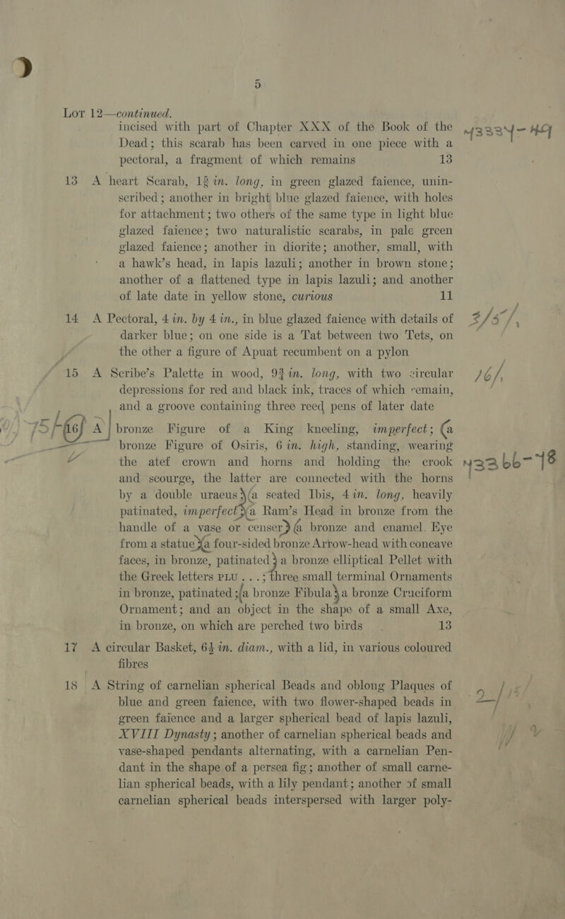 incised with part of Chapter XXX of the Book of the 333Y- HG Dead; this scarab has been carved in one piece with a pectoral, a fragment of which remains 13 13 A heart Scarab, 12 in. long, in green glazed faience, unin- scribed; another in bright blue glazed faience, with holes for attachment; two others of the same type in light blue glazed faience; two naturalistic scarabs, in pale green glazed faience; another in diorite; another, small, with a hawk’s head, in lapis lazuli; another in brown stone; another of a flattened type in lapis lazuli; and another of late date in yellow stone, curious ES 14 A Pectoral, 4 in. by 4 in., in blue glazed faience with details of 3/5 ae darker blue; on one side is a T'at between two Tets, on the other a figure of Apuat recumbent on a pylon 15 A Scribe’s Palette in wood, 9m. long, with two &lt;ireular yoM 5 depressions for red and black ink, traces of which remain, | and a groove containing three reed pens of later date } 15 f fis) A | bronze Figure of a King kneeling, imperfect; (a ——~ bronze Figure of Osiris, 6 im. high, standing, wearing g the atef crown and horns and holding the crook naa Lb- 18 and scourge, the latter are connected with the horns | | by a double uraeus (a seated Ibis, 4 in. long, heavily patinated, spar Ram’s Head in bronze from the handle of a vase or censer a bronze and enamel. Hye from a statue Xa four-sided bronze Arrow-head with concave faces, in bronze, paleo a bronze elliptical Pellet with the Greek letters pLu...; three small terminal Ornaments in bronze, patinated ifa bronze Fibula} a bronze Cruciform Ornament; and an object in the shape of a small Axe, ‘ in bronze, on which are perched two birds 13 17 =A circular Basket, 641. diam., with a lid, in various coloured | fibres 18 A String of carnelian spherical Beads and oblong Plaques of ie blue and green faience, with two flower-shaped beads in =~) green faience and a larger spherical bead of lapis lazuli, | XVIII Dynasty ; another of carnelian spherical beads and / vase-shaped pendants alternating, with a carnelian Pen- dant in the shape of a persea fig; another of small carne- lian spherical beads, with a lly pendant; another sf small carnelian spherical beads interspersed with larger poly-