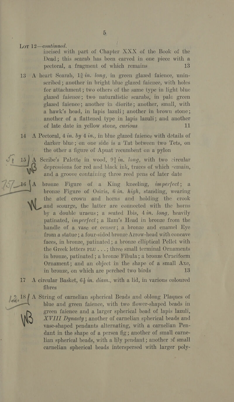 Lor 12—continued. incised with part of Chapter XXX of the Book of the Dead; this scarab has been carved in one piece with a pectoral, a fragment of which remains 13 13. A heart Scarab, 1g i. long, in green glazed faience, unin- seribed ; another in bright blue glazed faience, with holes for attachment; two others of the same type in light blue glazed faience; two naturalistic scarabs, in pale green glazed faience; another in diorite; another, small, with a hawk’s head, in lapis lazuli; another in brown stone; another of a flattened type in lapis lazuli; and another of late date in yellow stone, curious 11 14 A Pectoral, 4 in. by 4%in., in blue glazed faience with details of darker blue; on one side is a Tat between two Tets, on the other a figure of Apuat recumbent on a pylon » / ~' 15] A Seribe’s Palette in wood, 9}. long, with two &lt;ircular wah depressions for red and black ink, traces of which remain, . and a groove containing three reed pens of later date A - he / AG A bronze Figure of a King kneeling, imperfect; a , bronze Figure of Osiris, 6 in. high, standing, wearing the atef crown and horns and holding the crook WL and scourge, the latter are connected with the horns by a double uraeus; a seated Ibis, 47m. long, heavily patinated, imperfect; a Ram’s Head in bronze from the handle of a vase or censer; a bronze and enamel Hye from a statue; a four-sided bronze Arrow-head with concave faces, in bronze, patinated ; a bronze elliptical Pellet with the Greek letters pLu .. .; three small terminal Ornaments in bronze, patinated ; a bronze Fibula; a bronze Craciform Ornament; and an object in the shape of a small Axe, in bronze, on which are perched two birds 13  17 =A cireular Basket, 64 in. diam., with a lid, in various coloured fibres Pe Ts A String of carnelian spherical Beads and oblong Plaques of blue and green faience, with two flower-shaped beads in ereen faience and a larger spherical bead of lapis lazuli, XVIII Dynasty ; another of carnelian spherical beads and vase-shaped pendants alternating, with a carnelian Pen- dant in the shape of a persea fig; another of small carne- lian spherical beads, with a lily pendant; another of small carnelian spherical beads interspersed with larger poly- a cet