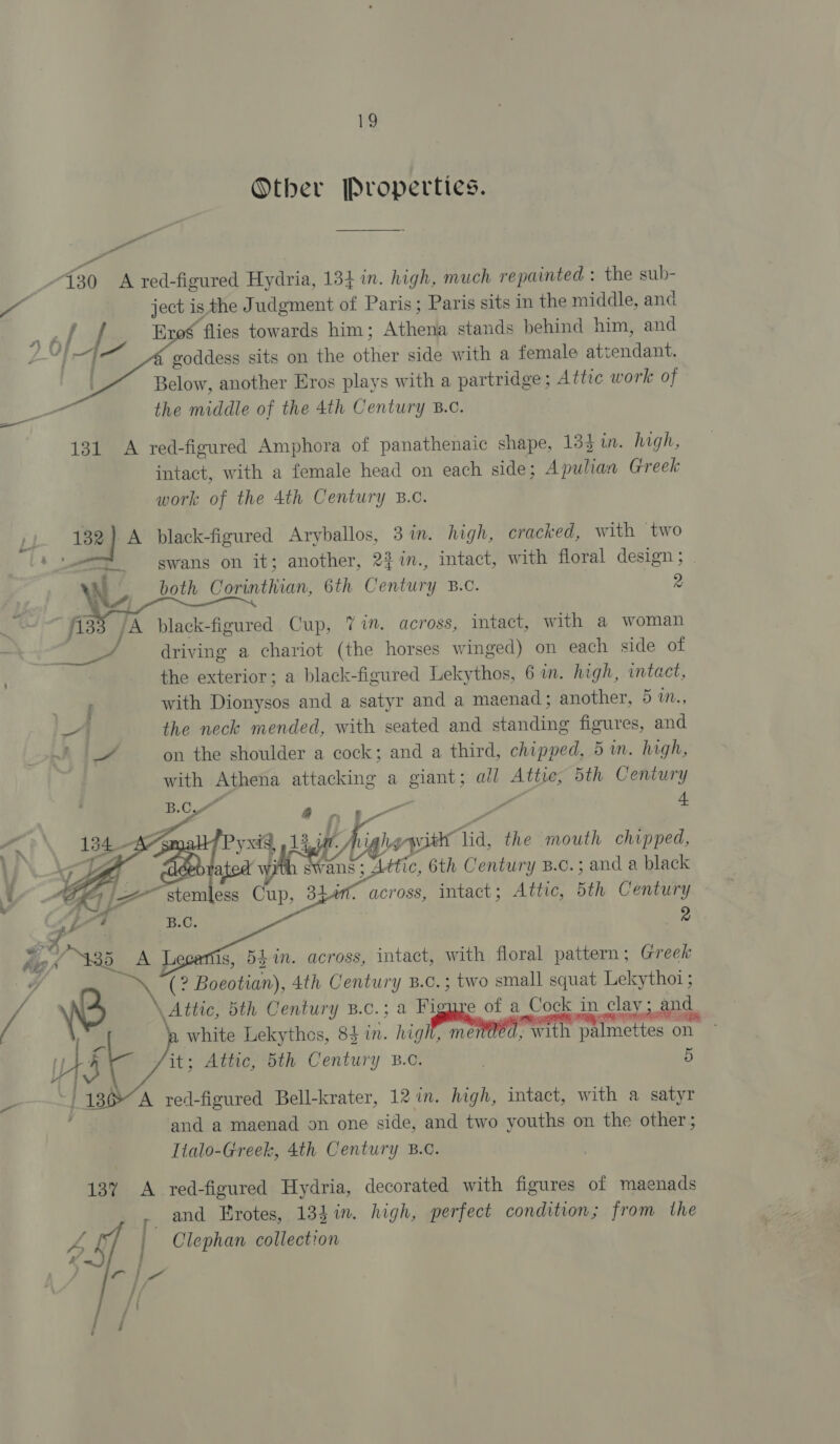 Other Properties. a Poss Ff 730 A red-figured Hydria, 134 in. high, much repainted : the sub-   4 ject is the Judgment of Paris; Paris sits in the middle, and ae | Brog flies towards him; Athena stands behind him, and “| han ‘goddess sits on the other side with a female attendant. Below, another Eros plays with a partridge ; Attic work of oe the middle of the 4th Century B.C.  131 A red-figured Amphora of panathenaic shape, 134 in. high, intact, with a female head on each side; Apulian Greek work of the 4th Century B.o. 132) A black-figured Aryballos, 3 in. high, cracked, with two ‘d swans on it; another, 22 %n., intact, with floral design ; | NU both Corinthian, 6th Century B.C. 2   black-figured Cup, 71m. across, intact, with a woman the exterior; a black-figured Lekythos, 6 in. high, intact, : with Dionysos and a satyr and a maenad; another, 5 M.; | the neck mended, with seated and standing figures, and +e bd on the shoulder a cock; and a third, chipped, 5 im. high, with Athena attacking a giant; ail Attie, 5th Century B.C ‘ Seek A 4 %     yxi9, 13 inf Kighoysar Ta, the mouth chipped,          “it p Gi ated wi swans; Aétic, 6th Century B.c.; and a black ‘ “CG |: ‘stemless Cup, 34417 across, intact; Attic, 5th Century 2 T Bo. 2 high 25 A is, 54 in. across, intact, with floral pattern ; Greek 7 (? Boeotian), 4th Century B.c.; two small squat Lekythoi ; \ Attic, 5th Century B.c.; a Figure of a Cock in clay; and / bs: white Lekythos, 84 in. high, mended, wit palmettes on. (f 4 it; Attic, 5th Century B.C. 5 _ ~/ 1386“A red-figured Bell-krater, 12 in. high, intact, with a satyr and a maenad on one side, and two youths on the other ; Italo-Greek, 4th Century B.C. 137 A red-figured Hydria, decorated with figures of maenads and Erotes, 13$in. high, perfect condition; from the Ps | Clephan collection }