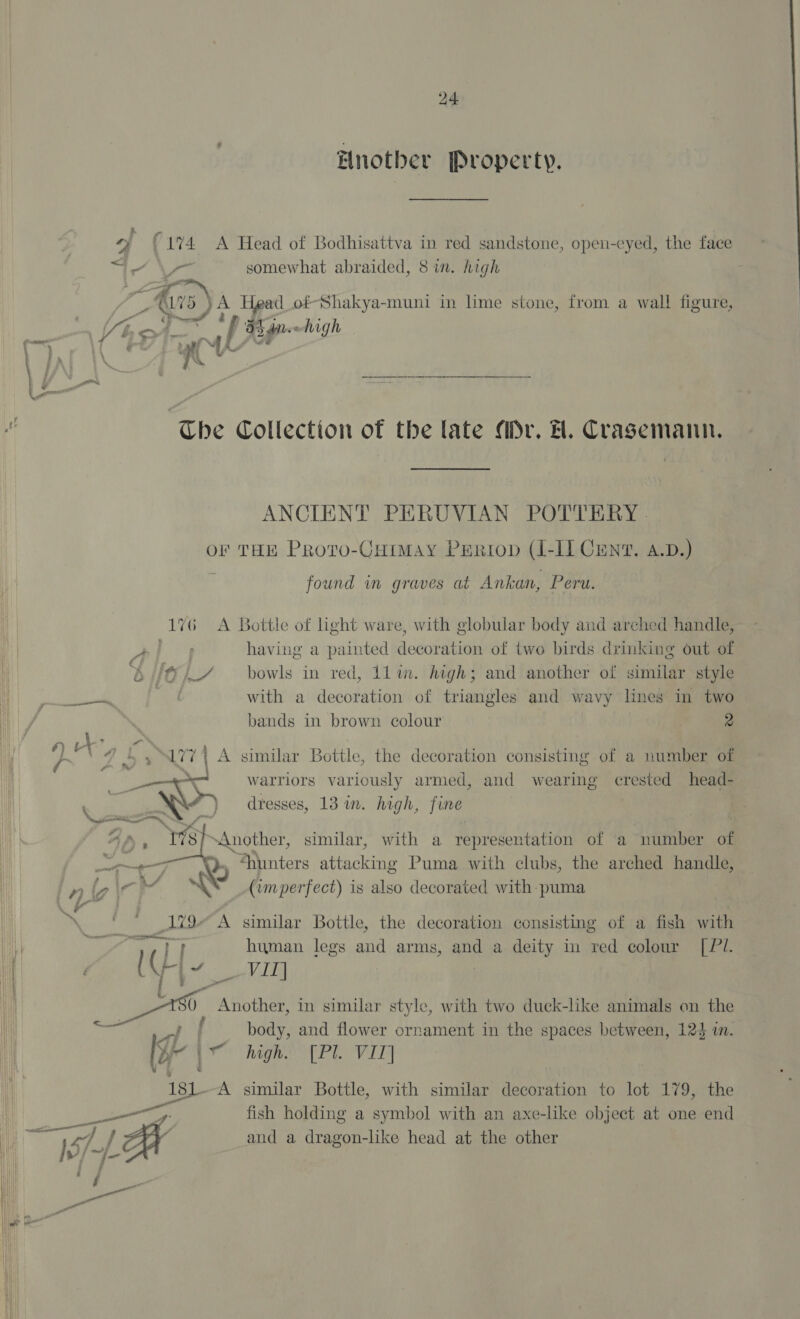 Hnother Property.  — ; h, o 83 dite ehigh 4 &gt; Fac | + (174 A Head of Bodhisattva in red sandstone, open-cyed, the face “tr 1 somewhat abraided, 8 in. high ii 75 yA Head_ofShakya-muni in lime stone, from a wall figure, The Collection of the late Mr. H. Crasemann. ANCIENT PERUVIAN POTTERY - oF THE PRoro-CHimay PERIOD (I-IT Cunt. a.D.) found wn graves at Ankan, Peru. 176 A Bottle of light ware, with globular body and arched handle, DY mea having a painted decoration of two birds drinking out of vs ffi — bowls in red, 11 im. high; and another of similar style oe aa with a decoration of triangles and wavy lines in two bands in brown colour 2 Atk, a ee 177} A similar Bottle, the decoration consisting of a number of . i ty t if —_ warriors variously armed, and wearing crested head- : NS dresses, 13 in. high, jine pea “eal! mr a 0 , a 2 Another, similar, with a representation of a number of Yo “hunters aaciene Puma with clubs, the arched handle, ; ly ; (imperfect) is also decorated with puma Rennie A799 A similar Bottle, the decoration consisting of a fish with ue ae human legs and arms, and a deity in red colour [Pl. (G 4, fee BEL os aa tt Another, in similar style, with two duck-like animals on the ie al f _ body, and flower ornament in the spaces between, 12} i. [fe | high. [PL VIN : | _18L A similar Bottle, with similar decoration to lot 179, the | ee age fish holding a symbol with an axe-like object at one end Hil\ «ae ff ay and a dragon-like head at the other ~“f- /