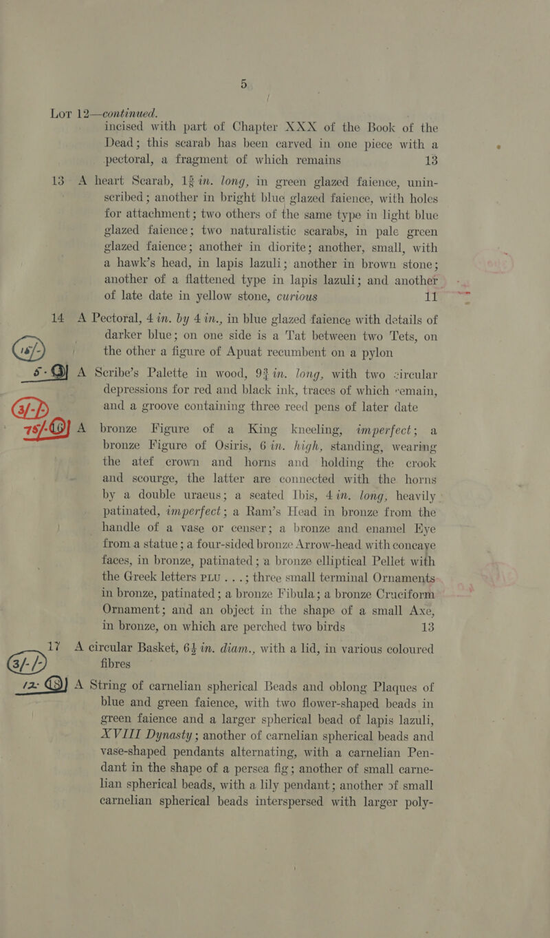 Lor 12—continued. incised with part of Chapter XXX of the Book of the Dead; this scarab has been carved in one piece with a ee al, a fragment of which remains 13 13° A heart Scarab, 1g in. long, in green glazed faience, unin- seribed ; another in bright blue glazed faience, with holes for attachment; two others of the same type in light blue glazed faience; two naturalistic scarabs, in pale green glazed faience; another in diorite; another, small, with a hawk’s head, in lapis lazuli; another in brown stone; another of a flattened type in lapis lazuli; and eae of late date in yellow stone, curious 11 14 A Pectoral, 4 in. by 4 in., in blue glazed faience with details of | | darker blue; on one side is a Tat between two Tets, on the other a figure of Apuat recumbent on a pylon _s-9) A Scribe’s Palette in wood, 93 in. long, with two &lt;ireular depressions for red and black ink, traces of which remain, and a groove containing three reed pens of later date 75, LO A bronze Figure of a King kneeling, imperfect; a bronze Figure of Osiris, 6 in. high, standing, wearing the atef crown and horns and holding the crook and scourge, the latter are connected with the horns by a double uraeus; a seated Ibis, 4in. long, heavily patinated, imperfect; a Ram’s Head in bronze from the | handle of a vase or censer; a bronze and enamel Eye from. a statue ; a four-sided bronze Arrow-head with coneaye faces, in bronze, patinated; a bronze elliptical Pellet with the Greek letters pLu ...; three small terminal Ornaments in bronze, patinated ; a bronze Fibula; a bronze Cruciform Ornament; and an object in the shape of a small Axe, in bronze, on which are perched two birds 13 17 A circular Basket, 64 in. diam., with a lid, in various coloured fibres 2) A String of carnelian spherical Beads and oblong Plaques of blue and green faience, with two flower-shaped beads in green faience and a larger spherical bead of lapis lazuli, XVIII Dynasty ; another of carnelian spherical beads and vase-shaped pendants alternating, with a carnelian Pen- dant in the shape of a persea fig; another of small carne- han spherical beads, with a lily pendant; another 9f small carnelian spherical beads interspersed with larger poly-