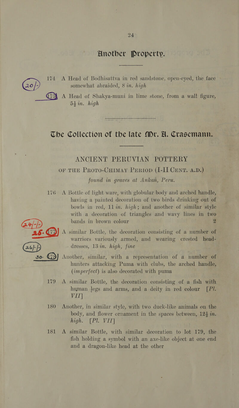 Enother Property. 174 A Head of Bodhisattva in red sandstone, open-eyed, the face 20 /- somewhat abraided, 8 in. high A Head of Shakya-muni in hme stone, from a wall figure, dm. high Che Collection of the late Mr. H. Crasemann, ANCIENT PERUVIAN POTTERY oF THE PRoro-CHIMAY PERiop (I-II CENT. A.D.) found wm graves at Ankan, Peru. A Bottle of light ware, with globular body and arched handle, having a painted decoration of two birds drinking out of bowls in red, 11 in. high; and another of similar style with a decoration of triangles and wavy lines in two bands in brown colour 2 [7')} A similar Bottle, the decoration consisting of a number of warriors variously armed, and wearing crested head- dresses, 13 in. high, fine b BC: Another, similar, with a representation of a number of hunters attacking Puma with clubs, the arched handle, (imperfect) is also decorated with puma 179 A similar Bottle, the decoration consisting of a fish with human legs and arms, and a deity in red colour [P. VII| 180 Another, in similar style, with two duck-like animals on the body, and flower ornament in the spaces between, 124 i. high. [Pl. VIT] 181 A similar Bottle, with similar decoration to lot 179, the fish holding a symbol with an axe-like object at one end and a dragon-like head at the other