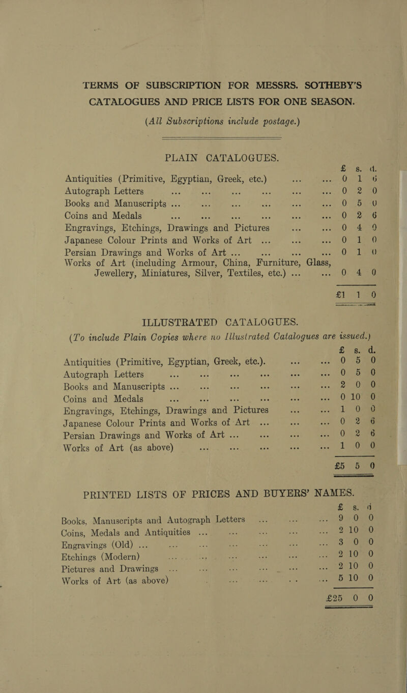 TERMS OF SUBSCRIPTION FOR MESSRS. SOTHEBY’S CATALOGUES AND PRICE LISTS FOR ONE SEASON. (All Subscriptions include postage.)  PLAIN CATALOGUES. £- Sa Antiquities (Primitive, ae Greek, etc.) 0 1 ; Autograph Letters ie a Q. eee Books and Manuscripts ... 0 Dee Coins and Medals 0 RaeG Engravings, Etchings, Drawinee and mpichares 0 4 9 Japanese Colour Prints and Works of Art 0) es Persian Drawings and Works of Art . QO ler Works of Art (including Armour, China, Furniture, Glass, Jewellery, Miniatures, Silver, Textiles, ACD fe 0 4 0 £1 te Teae ILLUSTRATED CATALOGUES. (To include Plain Copies where no Illustrated Catalogues are issued.) £ > Barus Antiquities (Primitive, pa tae Greek, ae 0 5 ag Autograph Letters ! a 0: 5g Books and Manuscripts ... 2 0.90 Coins and Medals 0: 10 Engravings, Etchings, he aye | and cpieniren 1 O° Japanese Colour Prints and Works of Art 0 2 4 Persian Drawings and Works of Art ... 0 | 288 Works of Art (as above) 1 3053 £5 5.9 PRINTED LISTS OF PRICES AND BUYERS’ NAMES. ps 5 Books, Manuscripts and Autograph Letters oa 0a Coins, Medals and Antiquities a 2 -10\20 Engravings (Old) ... 3 yeeay Etchings (Modern) Sto 0 Pictures and Drawings 2°10 0 Works of Art (as above) 510 0 0 £25 0 