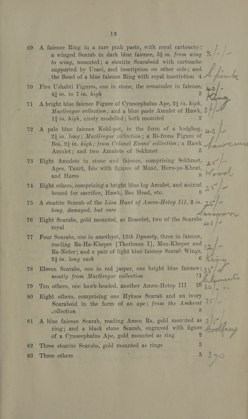 69 70 71 72 73 74 75 76 at 78 (et, 80 81 82 83 13 A faience Ring in a rare pink paste, with royal cartouche ; to wing, mounted; a steatite Scaraboid with cartouche supported by Uraei, and inscription on other side; and 42 in. to Tin. high 5, a A bright blue faience Figure of Cynocephalus Ape, 2417. high, 12% in. high, nicely modelled; both mounted 2 A pale blue faience Kohl-pot, in the form of a hedghog, 21 in. long; MacGregor collection; a Bi-frons Figure of Amulet; and two Amulets of Sekhmet 5 Hight Amulets in stone and faience, comprising Sekhmet, Apes, Taurt, Isis with figures of Maad, Heru-pa-Khrat, and Hares 8 bound for sacrifice, Hawk, Bes Head, ete. 8 long, damaged, but rare wt, fo em Eight Scarabs, gold mounted, as Bracelet, two of the Scarabs royal Four Scarabs, one in amethyst, 12th Dynasty, three in faience, reading Ra-Ha-Kheper ['Thothmes: I], Men-Kheper and , . Ra-Nefer ; and a pair of light blue faience Scarab Wings, Hight others, comprising one Hyksos Scarab and an ivory Scaraboid in the form of an ape; from the Amherst collection 8 A blue faience Scarab, reading Amen Ra, gold mounted as of a Cynocephalus Ape, gold mounted as ring 2 Three steatite Scarabs, gold mounted as rings 3 Three others See,
