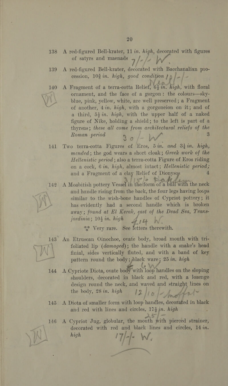 138 139 140 141 144 145 20 A red-figured Bell-krater, 11 im. high, decorated with figures of satyrs and maenads ~ /. / Ww A red-figured Bell-krater, decorated with Bacchanalian p1o- cession, 102 in. high, good er ag: | A ae of a terra-cotta Rélied ey mM. Mah! with floral ornament, and the face of a gorgon: the colours—sky- blue, pink, yellow, white, are well preserved; a Fragment of another, 4in. high, with a gorgoneion on it; and of a third, 54in. high, with the upper half of a naked figure of Nike, holding a shield; to the left is part of a thyrsus; these all come from Bi i fr: reliefs of the Roman period Qo \ ff 3 Two terra-cotta Figures of Eros, 5i. and 341m. hgh, mended; the god wears a short cloak; Greek work of the Hellenistic period; also a terra-cotta Figure of Eros riding on a cock, 6 in. high, almost intact; Hellenistic period; and a Fragment of a ta Relief of Diony SO 4 , ont at A Moabitish pottery Vessel j in the for ate a ati with the neck and handle rising from the back, the four legs having loops similar to the wish-bone handles of Cypriot pottery; it has evidently had a second handle which is broken away; found at El Kerak, ae LS the Dead Sea, Trans- jordima; 103 wm. haga 4 le b eV « ** Very rare. See fetters therewith. An Etruscan Oinochoe, ovate body, broad mouth with tri- foliated lip (damaged); the handle with a snake’s head finial, sides vertically fluted, and with a band of key pattern round the body; “Peat ware ; 25 in. high A Cypriote Diota, ovate Le ey en cane on the sloping shoulders, decorated in black and red, with a lozenge design round the neck, and w ay ed and ib lines on the body, 28 in. high {2 / : bd AS : hah e A Diota of smaller form with ea Sheridan ‘decotabed ; in black and red with lines and circles, gles te high A Cypriot Jug, globular, the ante frith pierced strainer, decorated wie red ei” black lines and circles, 14 in. high / 7/ Mo \/ i j :