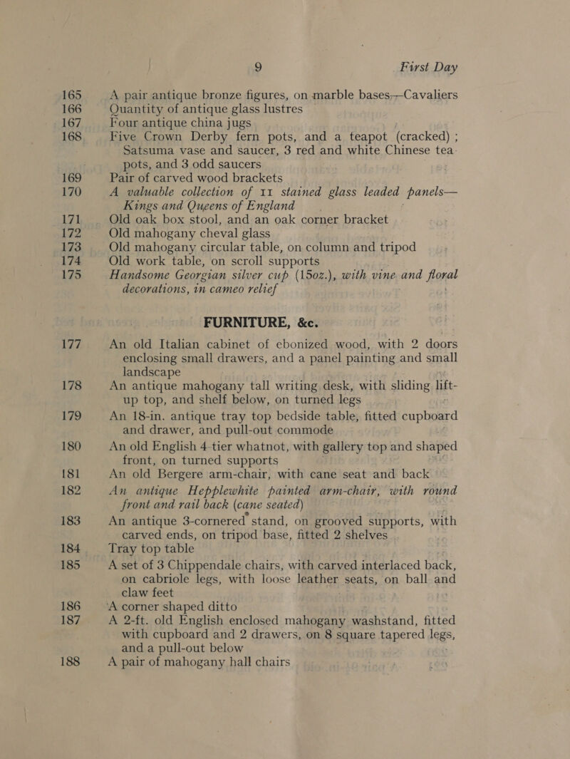 165 166 167 168 170 171, 172 173 174 175 177 178 19 180 [81 182 183 185 186 187 188 9 First Day A pair antique bronze figures, on marble bases-—Cavaliers Quantity of antique glass lustres Four antique china jugs Five Crown Derby fern pots, and a teapot (cracked) ; Satsuma vase and saucer, 3 red and white Chinese tea- pots, and 3 odd saucers Pair of carved wood brackets A valuable collection of 11 stained glass leaded panels-— Kings and Queens of England Old oak box stool, and an oak corner bracket | Old mahogany cheval glass Old mahogany circular table, on column and tripod Old work table, on scroll supports . Handsome Georgian silver cup (150z.), with vine and floral decorations, 1m cameo relief FURNITURE, &amp;c. An old Italian cabinet of ebonized wood, with 2 doors enclosing small drawers, and a panel painting and small landscape An antique mahogany tall writing desk, with sliding lit up top, and shelf below, on turned legs An 18-in. antique tray top bedside table, fitted cupboard and drawer, and pull-out commode An old English 4-tier whatnot, with gallery se and shaped front, on turned supports An old Bergere arm-chair, with cane seat nit back An antique Hepplewhite painted arm-charr, with round front and rail back (cane seated) An antique 3- cornered stand, on grooved supports, with carved ends, on tripod base, fitted 2 shelves Tray top table A set of 3 Chippendale chairs, with carved interlaced Bae on cabriole legs, with loose leather seats, on ball and claw feet ; A 2-ft. old English enclosed mahogany washstand, fitted with cupboard and 2 drawers, on 8 square tapered legs, and a pull-out below A pair of mahogany hall chairs