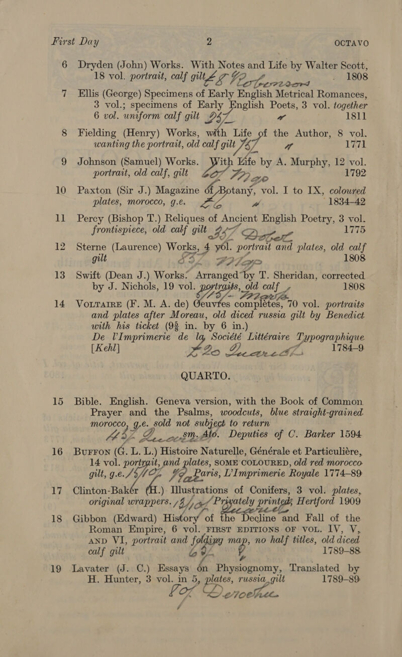 7 15 16 17 18 19 etree gard Ellis (George) Specimens of Early English Metrical Romances, 3 vol.; specimens of Early English Poets, 3 vol. together 6 vol. uniform calf gilt DS7_ aw 1811 Fielding (Henry) Works, with Life of the Author, 8 vol. wanting the portrait, old calf gilt 87 4 1771 Johnson (Samuel) Works. me Vite by A. Murphy, 12 vol. portrait, old calf, gilt £a7 CZ, Ze 1792 Paxton (Sir J.) Magazine 6f,B aD vol. I to 1X, colowred plates, morocco, g.e. a 1834-42 Percy (Bishop T.) Reliques of saat English Poetry, 3 vol. 18 vol. portrait, calf gilt Z is be, ae . 1808 frontispiece, old calf gilt LI Qari 1775 Sterne (Laurence) He: 4 yol. oo ait and plates, old calf gilt nn PAday&gt; 1808 Swift (Dean J.) Works! ge eritt by T. Sheridan, corrected. by J. Nichols, 19 vol. ed old calf Ly 1808 VoLralIreE (F. M. A. de) seat 70 vol. portraits and plates after Moreau, old diced russia gilt by Benedict with his ticket (93 in. by 6 in.) De VImprimerie de 1 eee? Lnttéravre Pipograpiigue [ Kehl] Bo d) eZ 1784-9. QUARTO. Bible. English. Geneva version, with the Book of Common Prayer and the Psalms, woodcuts, blue straight-grained morocco L%y eH not su igect to return AE Z 7 te cco: Ato. Deputies of C. Barker 1594 BUFFON (G. L. L.) Histoire Naturelle, Générale et Particuliére, 14 Pa portrait, and plates, SOME COLOURED, old red morocco. gilt, g.e. SZ gy, Paris, L’ Imprimerie Royale 1774-89 Clinton- Bakér .) Illustrations of Conifers, 3 vol. plates, original wrappers. / ty, ar ‘Privately printgl Hertford 1909 y Gibbon (Edward) History of the Decline “and Fall of the Roman Empire, 6 vol. FIRsT EDITIONS OF VOL. IV, V, AND VI, portrait and fol. f Sipe e no half titles, old diced calf gilt 1789-88 Lavater (J. C.) Essays 3 Decay. Translated by H. Hunter, 3 vol. in 5, pies, russia gilt 1789-89 OF ETOCS fit Lao