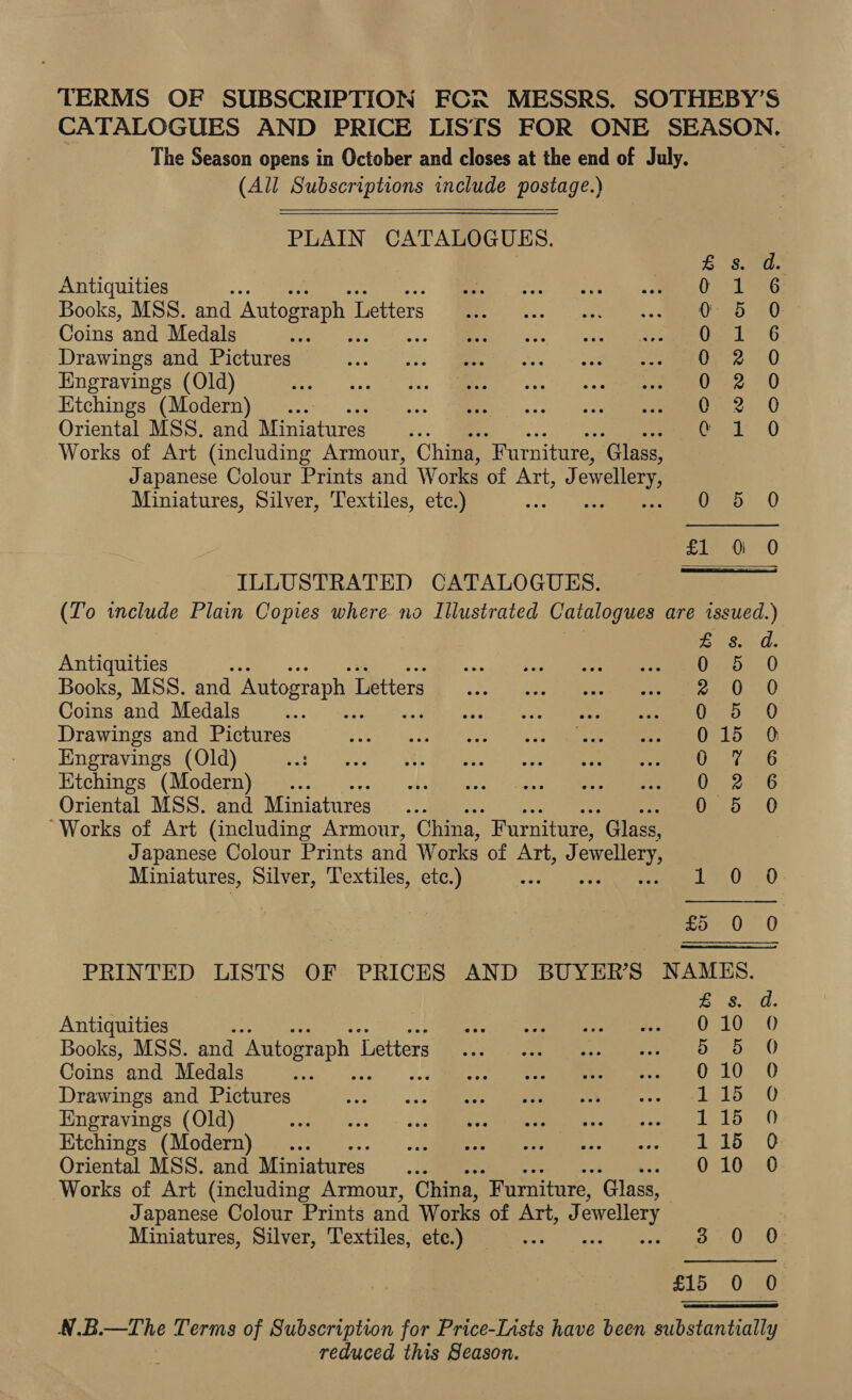 TERMS OF SUBSCRIPTION FC MESSRS. SOTHEBY’S CATALOGUES AND PRICE LISTS FOR ONE SEASON. The Season opens in October and closes at the end of July. (All Subscriptions include postage.)  PLAIN CATALOGUES. PE Ss Be Antiquities ns bie Boosts Books, MSS. and Autograph L Letters eee 0 Coins and Medals ek 6 Drawings and Pictures Ure 0 Engravings (Old) iad 0 Etchings (Modern) ... ea Oriental MSS. and Miniatures UE U Works of Art (including Armour, China, “Furniture, ‘Glass, Japanese Colour Prints and Works of Art, J ewellery Miniatures, Silver, Textiles, etc.) Ueno. 0 £1 0 0 ILLUSTRATED CATALOGUES. (To include Plain Copies where no Illustrated Catalogues are issued.) &amp; Antiquities : 0 Books, MSS. and Autograph I Letters vce ksi been hte teeeeeaanee Coins and Medals es PEM rec oh Drawings and Pictures . 0 Engravings (Old) 0 Etchings (Modern) 0 Oriental MSS. and Miniatures 0 “Works of Art (including Armour, China, Furniture, “Glass, Japanese Colour Prints and Works of Art, J ewellery, Miniatures, Silver, Textiles, etc.) 030 10a ee LO oO) DGBARDGDDCOf?. ce 0G PRINTED LISTS OF PRICES AND BUYER’S NAMES. ee ie Antiquities : A os en enero, LO): () Books, MSS. and Autograph I ‘Letters “hoo 7 eee 5 BE ‘0 Coins and Medals iE to ee eee 0 0 100° 0 Drawings and Pictures Sei?) oes eee OO Engravings (Old) rE Fe. a be Ns Bs ie Etchings (Modern)... vty MEN. lines kD OD Oriental MSS. and Miniatures... 010 0 Works of Art (including Armour, China, Furniture, ‘Glass, Japanese Colour Prints and Works of Art, J ewellery Miniatures, Silver, Textiles, ete.) vs hae ora ape, £15 0 0 W.B.—The Terms of Subscription for Price-[nsts have been substantially reduced this Season.