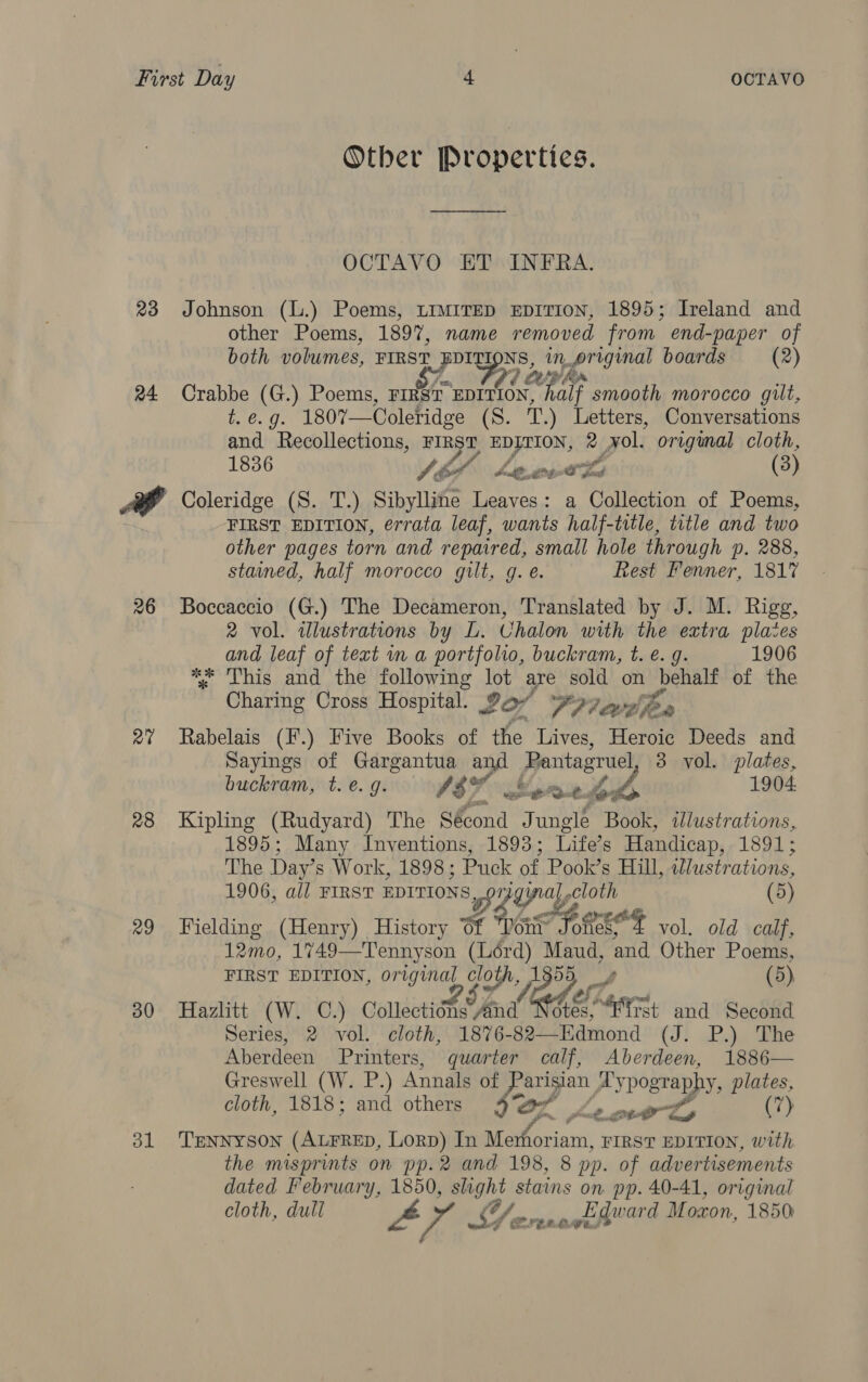 23 24. at 28 29 30 ol Other Properties. OCTAVO ET INFRA. Johnson (L.) Poems, LIMITED EDITION, 1895; Ireland and other Poems, 1897, name removed from end-paper of both volumes, FIRST an oe in_ original boards (2) Ae LEAP Bia Crabbe (G.) Poems, Ee neo reait smooth morocco guilt, t.e.g. 180%7—Coleridge (S. T.) Letters, Conversations and Recollections, FIRST EDITION, 2 yol. original cloth, 1836 Shi Leer (3) Coleridge (S. T.) Sibylline Leaves: a Collection of Poems, FIRST EDITION, errata leaf, wants half-title, title and two other pages torn and repaired, small hole through p. 288, stained, half morocco gilt, g. é. Rest Fenner, 1817 Boccaccio (G.) The Decameron, Translated by J. M. Rigg, 2 vol. tlustrations by L. Chalon with the extra plates and leaf of text va portfolio, buckram, t. e. g. 1906 ** This and the following lot are sold on behalf of the Charing Cross Hospital. Jor yey wilt. S Rabelais (F.) Five Books of the Lives, Heroic Deeds and Sayings of Gargantua and Pantagruel, 3 vol. plates, buckram, t.e. g. ISS Sertdok 1904: Kipling (Rudyard) The Sécond J ungle Book, wdlustrations, 1895; Many Inventions, 1893; Life’s Handicap, 1891; The Day’s Work, 1898; Puck of Pook’s Hill, Wlustrations, 1906, all FIRST aneag ie 5 a 7 (5) Fielding (Henry) History Of bis? foREOS vol. old calf, 12mo, 1749—Tennyson (Lérd) Maud, and Other Poems, FIRST EDITION, original cloth, 1359 A (5), Hazlitt (W. C.) Collections And hens nt and Second Series, 2 vol. cloth, 1876-82—Edmond (J. P.) The Aberdeen Printers, quarter calf, Aberdeen, 1886— Greswell (W. P.) Annals of Parisian Typography, plates, cloth, 1818; and others a Aeove Ly (7) TENNYSON (ALFRED, Lorp) In Memoriam, First EDITION, with the misprints on pp.2 and 198, 8 pp. of advertisements dated February, 1850, slight stains on pp. 40-41, original cloth, dull ZA yi LY orenoyifwaurd Moxon, 1850 G PERCE