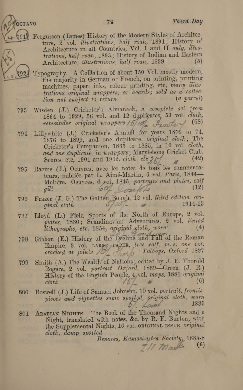 / Kony Fergusson (James) History of the Modern Styles of Architec- ture, 2 vol. illustrations, half roan, 1891; History of Architecture in all Countries, Vol. I and II only, tlus- trations, half roan, 1893; History of Indian and Eastern Architecture, illustrations, half roan, 1899 (5) Typography. A Collection of about 150 Vol. mostly modern, the majority in German or French, on printing, printing machines, paper, inks, colour printing, ete, many ilus- trations original wrappers, or boards; sold as a collec- tion not subject to return (a parcel)  793 Wisden (J.) Cricketer’s Almanack, a complete set from 1864 to 1929, 56 vol. and 12 d i? oe 53 vol. cloth, remainder original wrappers /4/ 77 yy A, sf (68 794 Lillywhite (J.) Cricketer’s Annual for years 1872 to 74, 1876 to 1899, and one duplicate, original cloth; The Cricketer’s Companion, 1865 to 1885, in 10 vol. cloth, and one duplicate, in wrappers; Marylebong Cricket Club. Scores, etc, 1901 and 1902, cloth, ete EL x (42) %95 Racine (J.) Oeuvres, avec les notes de tous les commenta- teurs, publiée par L. Aimé-Martin, 6 vol. Paris, 1844— Moliére. Oeuvres, 6 Kol, 1845, portraits and plates, calf gilt OF bine (12) 796 Frazer (J. G.) The Golddn, Bough, 12 vol. third edition, ori- ginal cloth OS FT fm. \ dh 1914-15 / 79% Lloyd (L.) Field Sports of the North of Europe, 2 vol. plates, 1830; Scandinavian Adventures, 2 vol. tinted lithographs, etc. 1854, ogiginal cloth, worn’ (4) 798 Gibbon (E.) History of the Décline and Fail of the Roman Empire, 8 vol. LaRgEe,PAPER, tree calf, m.e. one vol. cracked at joints /7_ ~~ .¢/, | Talboys, Ozford 1827 799 Smith (A.) The Wealth’of Nations; edited by J. E. Thorold Rogers, 2 vol. portrait, Oxford, 1869—Green (J. R.) History of the English People, 4,vol. maps, 1881 original cloth A hae (6) $00 Boswell (J.) Life of Samuel Johnson, 10 vol. portrait, frontis- pieces and vignettes some a y+ i cloth, worn 7, Loot 1835 801 Arapran Nicuts. The Book of the Thousand Nights and a Night, translated with notes, &amp;c. by R. F. Burton, with the Supplemental Nights, 16 vol. oRIGINAL ISSUE, original cloth, damp spotted Benares, Kamashastra Society,, 1885-8 7. // TF) ay (6)