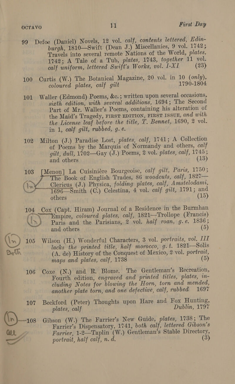 99 Defoe (Daniel) Novels, 12 vol. calf, contents lettered, Edin- burgh, 1810—Swift (Dean J.) Miscellanies, 9 vol. 1742; Travels into several remote Nations of the World, plates, 1742; A Tale of a Tub, plates, 1743, together 11 vol. calf uniform, lettered Swift's Works, vol. I-XI (23) 100 Curtis (W.) The Botanical Magazine, 20 vol. in 10 (only), coloured plates, calf gilt 1790-1804 101 Waller (Edmond) Poems, &amp;c.; written upon several occasions, sixth edition, with several additions, 1694; The Second Part of Mr. Waller’s Poems, containing his alteration of the Maid’s Tragedy, FIRST EDITION, FIRST ISSUE, and with the License leaf before the title, T. Bennet, 1690, 2 vol. in 1, calf gilt, rubbed, g.e. 102 Milton (J.) Paradise Lost, plates, calf, 1741; A Collection of Poems by the Marquis of Normandy and others, calf gilt, dull, 1702—Gay (J.) Poems, 2 vol. plates, calf, 1745 ; and others (13) 103 [Menon] La Cuisiniére Bourgeoise, calf gilt, Paris, 1750; “The Book of English Trades, 86 woodcuts, calf, 1827— FF 696—Smith (C.) Celestina, 4 vol. calf gilt, 1791; and others (15) 104 Cox (Capt. Hiram) Journal of a Residence in the Burmhan \vEmpire, coloured plates, calf, 1821—Trollope (Francis) \yy “Paris and the Parisians, vol. half roan, g.e. 1836; and others (5) 105 Wilson (H.) Wonderful Characters, 3 vol. portratts, vol. LIL lacks the printed title, half morocco, g. t. 1821—Solis (A. de) History of the Conquest of Mexico, # vol. portrait, maps and plates, calf, 1738 (5) 106 Coxe (N.) and R. Blome. The Gentleman’s Recreation, Fourth edition, engraved and printed titles, plates, m- cluding Notes for blowing the Horn, torn and mended, another plate torn, and one defectwe, calf, rubbed 1697 107 Beckford (Peter) Thoughts upon Hare and Fox Hunting, plates, calf Dublin, 1797 Farrier’s Dispensatory, 1741, both calf, lettered Gibson's Farrier, 1-2—Taplin (W.) Gentleman’s Stable Directory, portrait, half calf, n. d. (3)