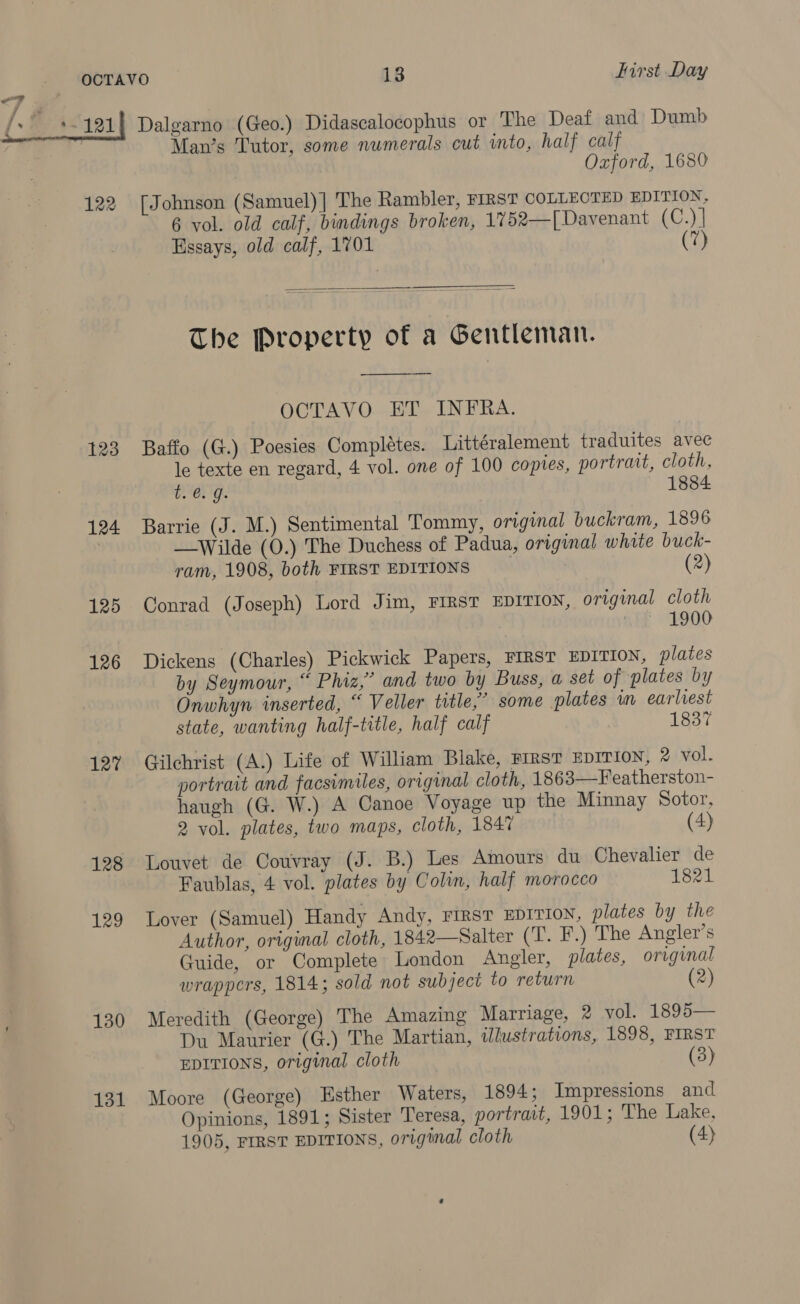 eat A 122 123 124 125 126 127 128 129 4 130 131 Man’s Tutor, some numerals cut into, half calf Oxford, 1680 [Johnson (Samuel)] The Rambler, FIRST COLLECTED EDITION, 6 vol. old calf, bindings broken, 1752—[Davenant (C.) | Essays, old calf, 1701 (7)  The Property of a Gentleman. ————— OCTAVO ET INFRA. Baffo (G.) Poesies Completes. Littéralement traduites avec le texte en regard, 4 vol. one of 100 copies, portrait, cloth, te. 9. 1884. Barrie (J. M.) Sentimental Tommy, original buckram, 1896 —Wilde (0.) The Duchess of Padua, original white buck- ram, 1908, both FIRST EDITIONS (2) Conrad (Joseph) Lord Jim, FIRST EDITION, original cloth ait E200 Dickens (Charles) Pickwick Papers, FIRST EDITION, plates by Seymour, “ Phiz,” and two by Buss, a set of plates by Onwhyn inserted, “ Veller title,” some plates im earliest state, wanting half-title, half calf 1837 Gilchrist (A.) Life of William Blake, FIRST EDITION, 2 vol. portrait and facsimiles, original cloth, 1863—Featherston- haugh (G. W.) A Canoe Voyage up the Minnay Sotor, 2 vol. plates, two maps, cloth, 184% (4) Louvet de Couvray (J. B.) Les Amours du Chevalier de Faublas, 4 vol. plates by Colin, half morocco 1821 Lover (Samuel) Handy Andy, FIRST EDITION, plates by the Author, original cloth, 1842—Salter (T. F.) The Angler’s Guide, or Complete London Angler, plates, original wrappers, 1814; sold not subject to return (2) Meredith (George) The Amazing Marriage, vol. 1895— Du Maurier (G.) The Martian, Wlustrations, 1898, FIRST EDITIONS, original cloth (3) Moore (George) Esther Waters, 1894; Impressions and Opinions, 1891; Sister Teresa, portrait, 1901; The Lake,