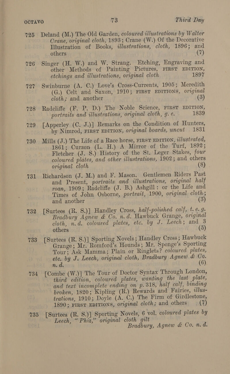 725 Deland (M.) The Old Garden, coloured illustrations by Walter Crane, original cloth, 1893; Crane (W.) Of the Decorative Tllustration of Books, illustrations, cloth, 1896; and others (7) 726 Singer (H. W.) and W. Strang. Etching, Engraving and other Methods of Painting Pictures, FIRST EDITION, etchings and illustrations, original cloth 1897 72% Swinburne (A. C.) Love’s Cross-Currents, 1905; Meredith (G.) Celt and Saxon, 1910; FIRST EDITIONS, original cloth; and another (3) 728 Radcliffe (F. P. D.) The Noble Science, FIRST EDITION, . portraits and illustrations, original cloth, g. e. 1839 729 [Apperley (C. J.)] Remarks on the Condition of Hunters, by Nimrod, FIRST EDITION, original boards, uncut 1831 730 Mills (J.) The Life of a Race horse, FIRST EDITION, illustrated, 1861; Curzon (L. H.) A Mirror of the Turf, 1892; Fletcher (J. 8.) History of the St. Leger Stakes, four coloured plates, and other illustrations, 1902 ; and others original cloth (8) . 731 Richardson (J. M.) and F. Mason. Gentlemen Riders Past and Present, portraits and illustrations, original half roan, 1909; Radcliffe (J. B.) Ashgill: or the Life and Times of John Osborne, portrait, 1900, original cloth; and another (3 732 [Surtees (R. S.)] Handley Cross, half-polished calf, t. @. 9: Bradbury Agnew &amp; Co. n.d. Hawbuck Grange, original cloth, n.d. coloured plates, etc. by J. Leech; and 3 others (5) 733 [Surtees (R. S.)] Sporting Novels; Handley Cross ; Hawbuck Grange; Mr. Romford’s Hounds; Mr. Sponge’s Sporting Tour; Ask Mamma; Plain or Ringlets? coloured plates, etc. by J. Leech, original cloth, Bradbury Agnew &amp; re nm. de. 6) 734 [Combe (W.)] The Tour of Doctor Syntax Through London, third edition, coloured plates, wanting the last plate, and text incomplete ending on p.318, half calf, binding broken, 1820; Kipling (R.) Rewards and Fairies, illus- trations, 1910; Doyle (A. C.) The Firm of Girdlestone, 1890; FIRST EDITIONS, original cloth ; and others (7) 735 [Surtees (R. S.)] Sporting Novels, 6 vol. coloured plates by Leech, “ Phiz,;’ original cloth gilt Bradbury, Agnew &amp; Co. n.d.
