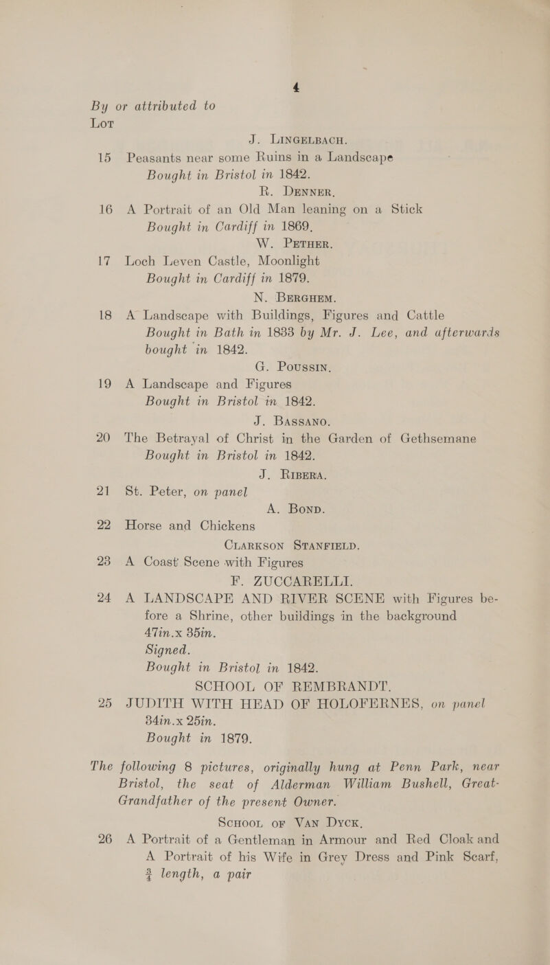 15 16 Ly 18 20 21 22 20 24 25 J. LINGELBACH. Peasants near some Ruins in a Landscape Bought in Bristol in 1842. R. DENNER. A Portrait of an Old Man leaning on a Stick Bought in Cardiff in 1869, W. PETHER. Loch Leven Castle, Moonlight Bought in Cardiff in 1879. N. BERGHEM. A Landscape with Buildings, Figures and Cattle Bought in Bath in 1883 by Mr. J. Lee, and afterwards bought in 1842. G. Poussin, A Landscape and Figures Bought in Bristol in 1842. J. Bassano. The Betrayal of Christ in the Garden of Gethsemane Bought in Bristol in 1842. J. RIBera. St. Peter, on panel A. Bonn. Horse and Chickens CLARKSON STANFIELD. A Coast Scene with Figures F. ZUCCARELLI. A LANDSCAPE AND RIVER SCENE with Figures be- fore a Shrine, other buildings in the background ATin.x 85in. Signed. Bought in Bristol in 1842. SCHOOL OF REMBRANDT. JUDITH WITH HEAD OF HOLOFERNES, on panel d4in.x 25in. Bought in 1879. Bristol, the seat of Alderman William Bushell, Great- Grandfather of the present Owner. ScHooLt or VAN Dyck. A Portrait of his Wife in Grey Dress and Pink Scarf, 3 length, a pair