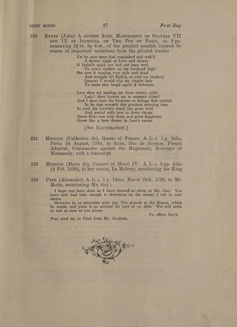 220 Keats (John) A superB Auto. Manuscrier or Stanzas VII AND IX or IsapettA, on THE Pot or BASIL, on 2 pp. measuring 331. by 8%n., of the greatest possible interest by reason of important variations from the printed version Yet he once more had anguished and wak’d A dreary night of Love and misery If Isabel’s quick eye had not been wed To every symbol on his forehead high She saw it waxing very pale and dead And straight all flush’d, so said too tenderly Lorenzo I would clip my ringlet hair To make thee laugh again &amp; debonair. Love thou art leading me from wintry cold! Lady! thou leadest me to summer clime! And I must taste the blossoms on foliage that unfolds In its ripe warmth this gracious morning time So said, his erewhile timid lips grew bold And posied with hers in dewy rhyme Great Bliss was with them, and great happiness Grew like a lusty flower in June’s caress, [See ILLUSTRATION. | 221 Mepicis (Catherine de), Queen of France. A.L.s. 1p. folio, Paris, 14 August, 1585, to Anne, Duc de Joyeuse, French Admiral, Commander against the Huguenots, Governor of Normandy, with a transcript 222 Mepicis (Marie de), Consort of Henri IV. A.L.s. 2 pp. folio (4 Feb. 1630), to her cousin, La Meleray, mentioning the King 223 Pops (Alexander) A.L.s. 1p. 12mo, March 28th, 1729, to Mr. Motte, mentioning Mr. Gay: I hope you have done as I have desired so often, to Mr. Gay. You have now had time enough to determine on the matter I left to your choice. However in ye meantime pray pay Ten pounds to the Bearer, which he wants, and place it on account for part of yr. debt. Wa will settle ye rest as soon as you please Yr. affect. Servt. Pray send me ye Iliad from Mr. Graham. 