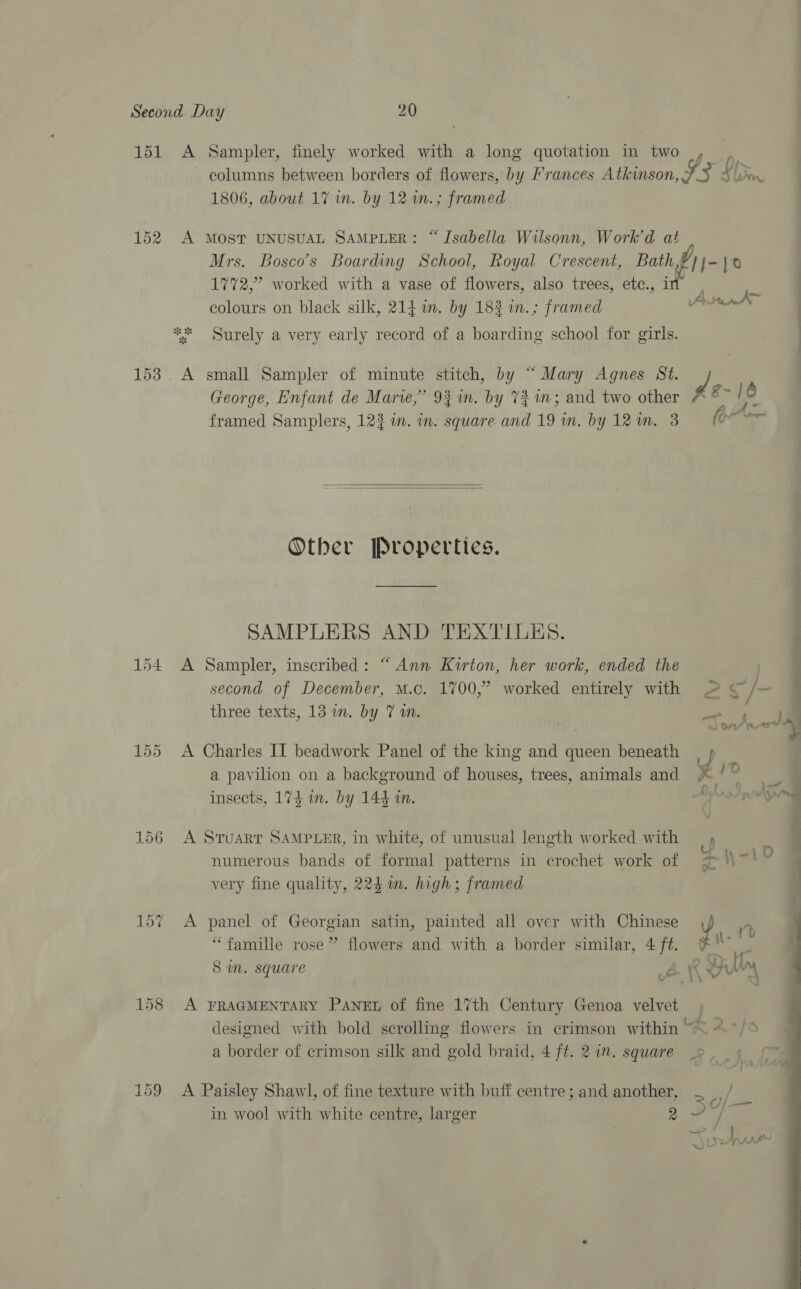 151 A Sampler, finely worked with a long quotation in two |, . columns between borders of flowers, by Frances Atkinson, 3 f Jon. 1806, about 17 in. by 12 wn.; framed 152 A Most UNUSUAL SAMPLER: “ Isabella Wilsonn, Work’d at Mrs. Bosco’s Boarding School, Royal Crescent, Bath,f}j- | 0 1772,” worked with a vase of flowers, also trees, etc., iN, b colours on black silk, 214 im. by 18% %in.; framed Prank ** Surely a very early record of a boarding school for girls. 153. A small Sampler of minute stitch, by “ Mary Agnes St. ¢ George, Enfant de Marie,” 9% in. by 7$ in; and two other framed Samplers, 123 im. in. square and 19 in, by 12 in. 3 g- 16 MG Pax   Other Properties. SAMPLERS AND TEXTILES. 154 A Sampler, inscribed: “Ann Kirton, her work, ended the ‘ second of December, M.c. 1700,” worked entirely with > /— — three texts, 13 in. by 7 an. 155 A Charles II beadwork Panel of the king and queen beneath | » a pavilion on a background of houses, trees, animals and i fie ee insects, 173 in. by 144 in. a ee wg 156 A Stuart SAMPLER, in white, of unusual length worked with numerous bands of formal patterns in crochet work of very fine quality, 224 m. high; framed 157 A panel of Georgian satin, painted all over with Chinese Y “famille rose” flowers and with a border similar, 4 ft. 8 in. square i\ .42 ~. AO a 158 A FRAGMENTARY Panen of fine 17th Century Genoa velvet , designed with bold scrolling flowers in crimson within ~~ ~~/® a border of crimson silk and gold braid, 4 ft. 21. square _« 159 A Paisley Shawl, of fine texture with buff centre; and another, ~ z; / in wool with white centre, larger a Ly rar SJ 