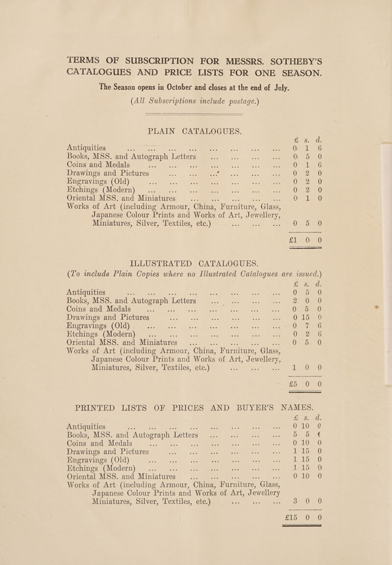 TERMS OF SUBSCRIPTION FOR MESSRS. SOTHEBY’S CATALOGUES AND PRICE LISTS FOR ONE SEASON. The Season opens in October and closes at the end of July. (All Subscriptions include postage.)   PLAIN CATALOGUES. £8. the Antiquities &gt; ka Ress Books, MSS. and Autograph 1 Letters 0 5 0 Coins and Medals 4a Oven tae Drawings and Pictures to. Se aren A, Engravings (Old) Oca) Ktchings (Modern) Deeb Oriental MSS. and Miniatures... Lae Works of Art (including Armour, China, “Furniture, Glass, Japanese Colour Prints and Works of ATi) owellery Miniatures, Silver, Textiles, etc.) - 0 Ota eth Uh ILLUSTRATED CATALOGUES. (To include Plain Copies where no Illustrated Catalogues are issued.) £ s. d. Antiquities Ee OMe Books, MSS. and Autograph 1 Letters tet nea! | Gigs eee Coins and Medals... es ape, weet a he) Drawings and Pictures O55 Engravings (Old) Oia Kitchings (Modern) WU ee ae Oriental MSS. and Miniatures QO. 51-9 Works of Art (including Armour, China, Furniture, “Glass, Japanese Colour Prints and Works of rwe re 5) ewellery Miniatures, Silver, Textiles, etc.) 1 0 0 £5 0 0 PRINTED LISTS OF PRICES AND BUYER’S NAMES. a cieeur Antiquities HE ROR ott Books, MSS. and Autograph 1 Letters oy Cant Coins and Medals Popes: ae oe ec LU Drawings and Pictures Sikes. _aiis See cine tee rer Lee ley amed Engravings (Old) ope fae iad dks Ktchings (Modern) 1 loa Oriental MSS. and Miniatures 010 0 Works of Art (including Armour, China, ‘Furniture, ‘Glass, Japanese Colour Prints and Works of Att r. ewellery