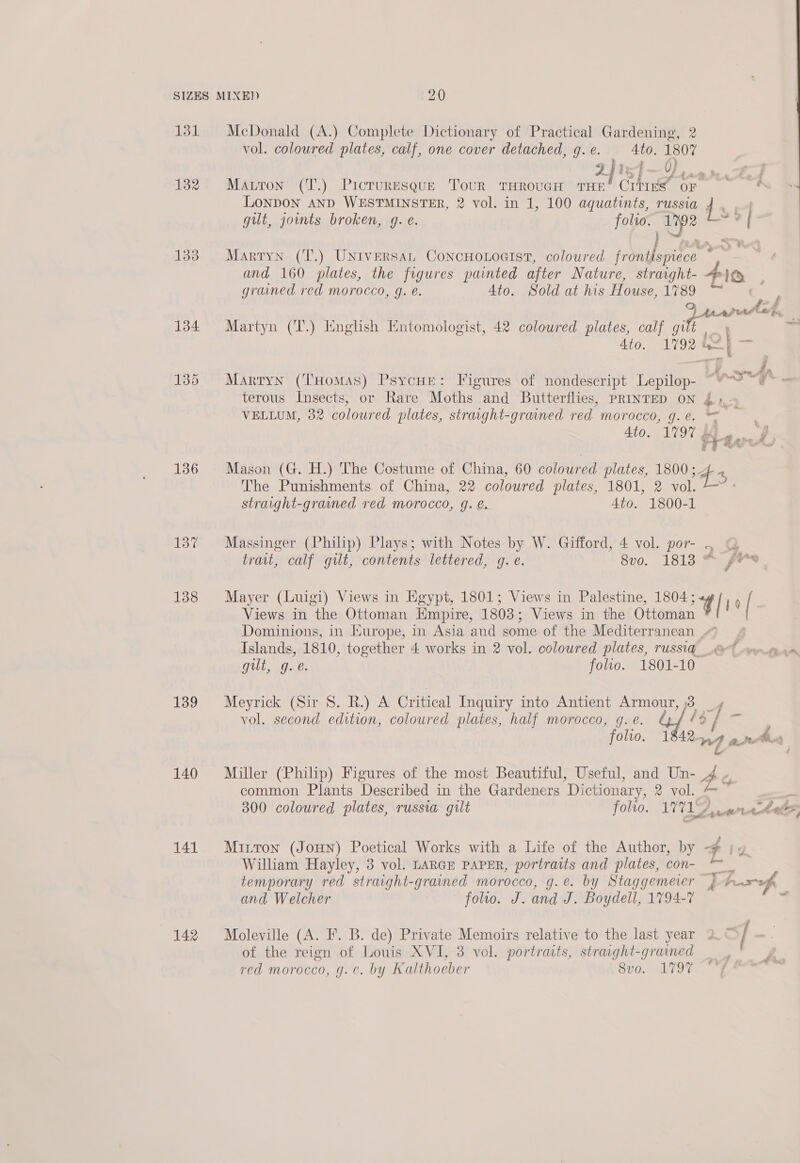 131 132 133 136 137 138 139 140 141 142 McDonald (A.) Complete Dictionary of Practical Gardening, 2 vol. coloured plates, calf, one cover detached, g. e. Ato. 1807 2} } 0}, . Matron (T.) Picturesque ToUR THROUGH THE Chr OF. gilt, joints broken, 9g. e. folto. eye é and 160 plates, the figures painted after Nature, straight- 4 }Q | grained red morocco, g. @. 4to. Sold at his House, 1789 ~ 9 Prd arh., Martyn (T.) English Entomologist, 42 colowred plates, calf en rT 4to. 1792 | = Martyn (T'Homas) Psycue: Figures of nondescript Lepilop- ~“~% VELLUM, 32 coloured plates, straght-grained red morocco, 4. e. 4to. 9% ¢ Mason (G. H.) The Costume of China, 60 coloured plates, 1800; The Punishments of China, 22 coloured plates, 1801, 2 vol. straight-grained red morocco, g. é. 4to. 1800-1 trait, calf gilt, contents lettered, g. e. 8vo. 1813 © Mayer (Luigi) Views in Egypt, 1801; Views in Palestine, 1804; Views in the Ottoman Empire, 1803; Views in the Ottoman Islands, 1810, together 4 works in 2 vol. coloured plates, russia. gilt, g.e. folio. 1801-10 Meyrick (Sir 8. BR.) A Critical Inquiry into Antient Armour, f vol. second edition, coloured plates, half morocco, gq. e. \ / Sore dt a 7g Yo 300 coloured plates, russia gilt folio. 1V71y a ert hace ? ades William Hayley, 3 vol. LARGE PAPER, portraits and plates, con- and Welcher folio. J. and J. Boydell, 1794-7 red morocco, g.e. by Kalthoeber 8vo. 1797 ‘