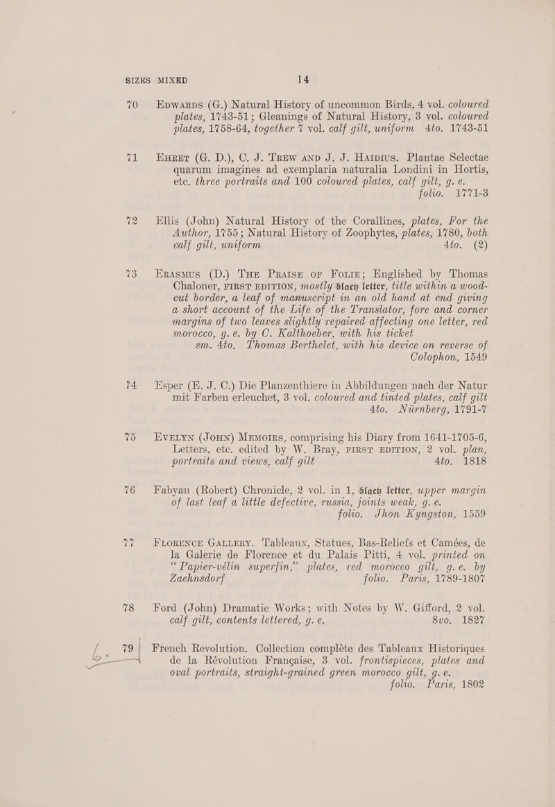 fal 2 eo v4 7d -~z 2 78 79 plates, 1748-51; Gleanings of Natural History, 3 vol. coloured plates, 1758-64, together 7 vol. calf gut, uniform 4to. 1743-51 Enret (G. D.), C. J. TREw anv J. J. Hatpius. Plantae Selectae quarum imagines ad exemplaria naturalia Londini in Hortis, etc. three portraits and 100 coloured plates, calf gilt, g. é. folio. 1771-8 Ellis (John) Natural History of the Corallines, plates, Yor the Author, 1755; Natural History of Zoophytes, plates, 1780, both. calf gilt, uniform Ato. (2) Erasmus (D.) THe Praise or Forte; Hnglished by Thomas Chaloner, FIRST EDITION, mostly \blacty etter, title within a wood- cut border, a leaf of manuscript in an old hand at end gwing a short account of the Life of the Translator, fore and corner margins of two leaves slightly repavred affecting one letter, red morocco, g.e. by C. Kalthoeber, with his ticket sm. 4to. Thomas Berthelet, with his device on reverse of Colophon, 1549 Esper (fi. J. C.) Die Planzenthiere in Abbildungen nach der Natur mit Farben erleuchet, 3 vol. coloured and tinted plates, calf gilt Ato. Nurnberg, 1791-7 EVELYN (JoHN) Memoirs, comprising his Diary from 1641-1705-6, Letters, etc. edited by W. Bray, FIRST EDITION, 2 vol. plan, portraits and views, calf gilt 4to. 1818 Fabyan (Robert) Chronicle, 2 vol. in 1, bYact letter, upper margin of last leaf a little defective, russia, joints weak, g. e. folio. Jhon Kyngston, 1559 FLORENCE GALLERY. Tableaux, Statues, Bas-Reliefs et Camées, de la Galerie de Florence et du Palais Pitti, 4 vol. printed on “ Paprer-vélin superfin,’ plates, red morocco gilt, g.e. by Zaehnsdorf folio. Parts, 1789-1807 Ford (John) Dramatic Works; with Notes by W. Gifford, 2 vol. calf gilt, contents lettered, g. e. 8vo. 1827 French Revolution. Collection complete des Tableaux Historiques de la Révolution Frangaise, 3 vol. frontispieces, plates and oval portraits, straight-grained green morocco gilt, g. e. folio. Paris, 1802