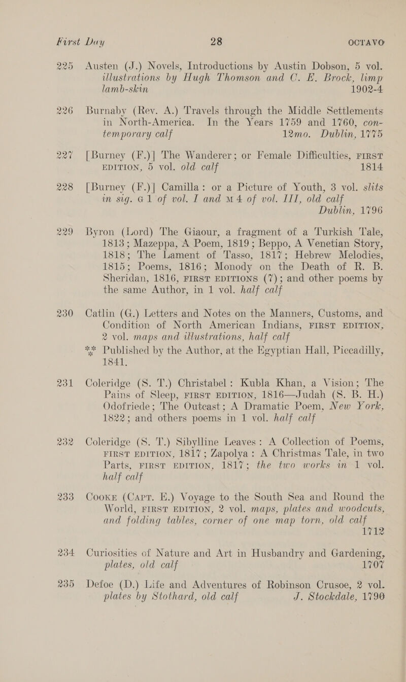 226 R20 228 aol BY 200 Austen (J.) Novels, Introductions by Austin Dobson, 5 vol. wlustrations by Hugh Thomson and C. E. Brock, limp lamb-skin 1902-4 Burnaby (Rey. A.) Travels through the Middle Settlements in North-America. In the Years 1759 and 1760, con- temporary calf 12mo. Dublin, 1775 [Burney (F.)| The Wanderer; or Female Difficulties, rirst EDITION, 5 vol. old calf 1814 [Burney (F.)] Camilla: or a Picture of Youth, 3 vol. slits in sig. G1 of vol. I and m4 of vol. II, old calf Dublin, 1796 Byron (Lord) The Giaour, a fragment of a Turkish Tale, 1813; Mazeppa, A Poem, 1819; Beppo, A Venetian Story, 1818; The Lament of Tasso, 1817; Hebrew Melodies, 1815; Poems, 1816; Monody on the Death of R. B. Sheridan, 1816, FIRST EDITIONS (7); and other poems by the same Author, in 1 vol. half calf Catlin (G.) Letters and Notes on the Manners, Customs, and Condition of North American Indians, FIRST EDITION, 2 vol. maps and illustrations, half calf 1841. Coleridge (S. T.) Christabel: Kubla Khan, a Vision; The Pains of Sleep, FIRST EDITION, 1816—Judah (S. B. is) Odofriede; The Outcast; A Dramatic Poem, New York, 1822 ; and others poems in 1 vol. half calf Coleridge (S. T.) Sibylline Leaves: A Collection of Poems, FIRST EDITION, 1817; Zapolya: A Christmas Tale, in two Parts, FIRST EDITION, 1817; the two works wm 1 vol. half calf Cooke (Cart. HE.) Voyage to the South Sea and Round the World, FIRST EDITION, 2 vol. maps, plates and woodcuts, and folding tables, corner of one map torn, old calf 1712 Curiosities of Nature and Art in Husbandry and Gardening, plates, old calf 170% Defoe (D.) Life and Adventures of Robinson Crusoe, 2 vol. plates by Stothard, old calf J. Stockdale, 1790