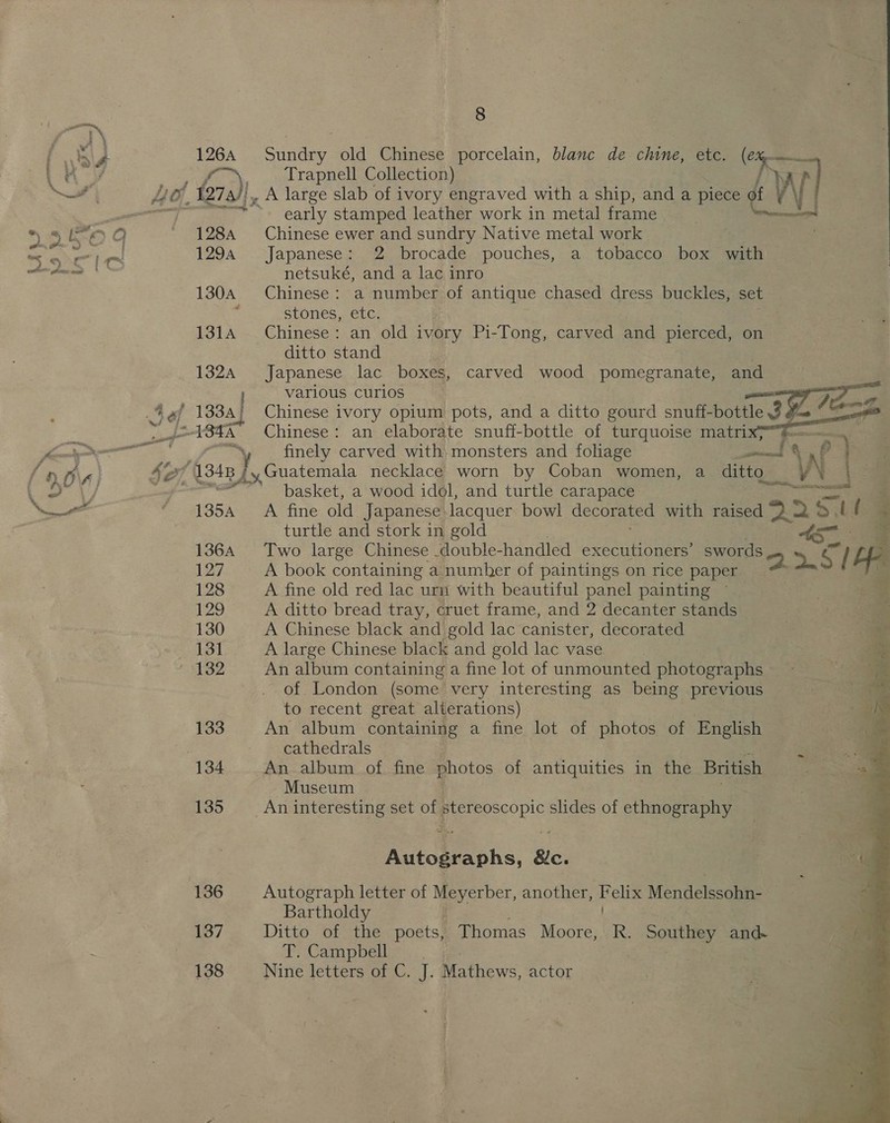 126A eke 1284 1294 130A 131A 132A 135A 136A 127 128 129 130 131 132 133 135 136 137 138 8 Sundry old Chinese porcelain, blanc de chine, etc. x cane Trapnell Collection) early stamped leather work in metal frame Near Chinese ewer and sundry Native metal work Japanese: 2 brocade pouches, a tobacco box with netsuké, and a lac inro Chinese: a number of antique chased dress buckles, set Stones, etc, Chinese: an old ivory Pi-Tong, carved and pierced, on ditto stand | Japanese lac boxes, carved wood pomegranate, and various curios 7 ae Chinese ivory opium pots, and a ditto gourd snuff- bottle 3 $a “ane Chinese: an elaborate snuff-bottle of turquoise matrix&gt;“?—— finely carved with monsters and foliage poe vf basket, a wood idol, and turtle carapace pes 7 A fine old Japanese lacquer bowl decorated with raised penk &gt; tte os turtle and stork in gold 3 Two large Chinese .double- handled executioners’ swords A book containing a numher of paintings on rice paper 4 2. / Hs A fine old red lac urn with beautiful panel painting ~ A ditto bread tray, cruet frame, and 2 decanter stands ae A Chinese black and gold lac canister, decorated . Z A large Chinese black and gold lac vase | a. An album containing a fine lot of unmounted photographs of London (some very Pe as being previous to recent great alterations) An album containing a fine lot of photos of English cathedrals An album of fine photos of matte ls in the British ~ Museum a | ot pia Autographs, Ric. Autograph letter of Mel, another, poe Mendelssohn- Bartholdy Ditto of the poets, Thomas Moore, R. Southey and» Pr Campbelie Nine letters of C. J. Mathews, actor 