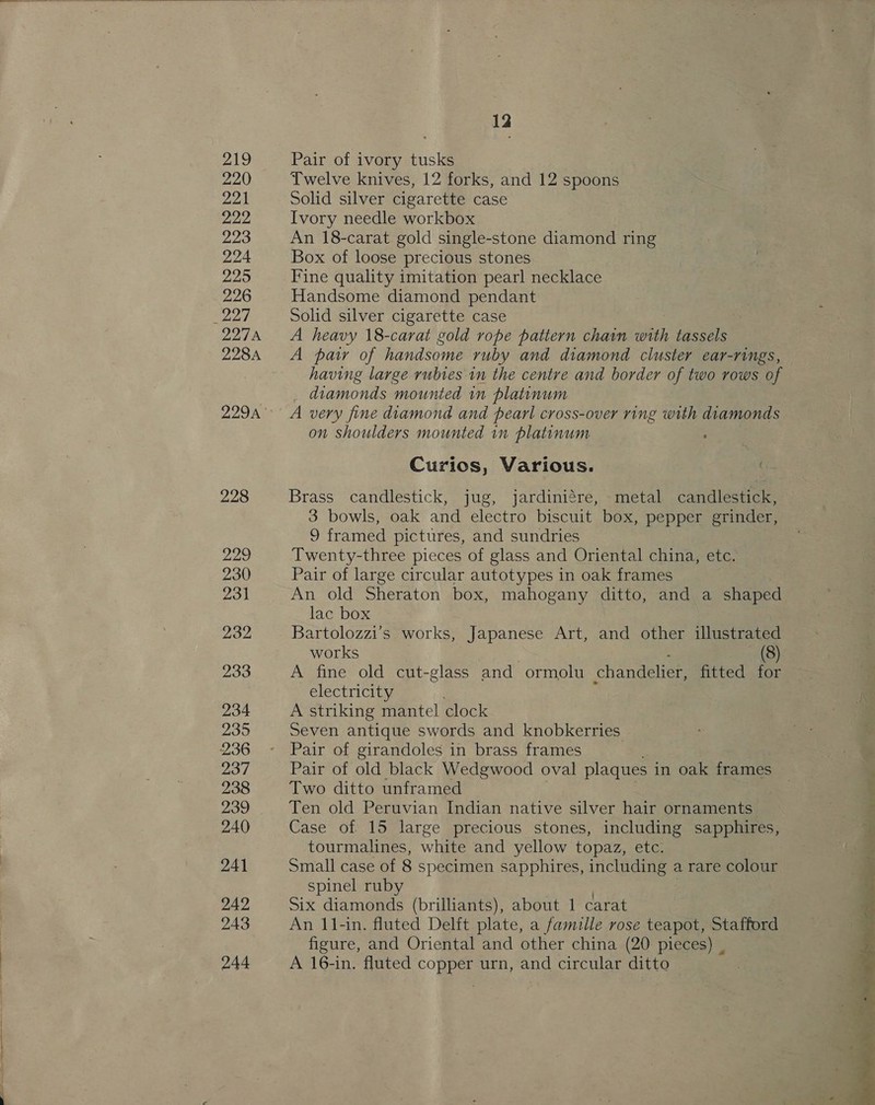 _—  220 221 222 223 224 2295 226 DATA: 229A 228 229 230 231 232 233 234 2395 236 237 238 239 240 241 242 243 244 Twelve knives, 12 forks, and 12 spoons Solid silver cigarette case Ivory needle workbox An 18-carat gold single-stone diamond ring Box of loose precious stones Fine quality imitation pearl necklace Handsome diamond pendant Solid silver cigarette case © A heavy 18-carat gold rope pattern chain ie asset A pai of handsome vuby and diamond cluster ear-rings, having large rubtes.in the centre and border of two rows of diamonds mounted in platinum A very fine diamond and pearl cross-over ring with diamonds on shoulders mounted in platinum Curios, Various. Brass candlestick, jug, jardiniére, metal candlestick, 3 bowls, oak and electro biscuit box, pepper grinder, 9 framed pictures, and sundries Twenty-three pieces of glass and Oriental china, etc. Pair of large circular autotypes in oak frames An old Sheraton box, mahogany ditto, and a shaped lac box Bartolozzi’s works, Japanese Art, and other illustrated works : (8) A fine old cut-glass and ormolu chandelier, fitted for electricity A striking mantel clock Seven antique swords and knobkerries Pair of girandoles in brass frames Pair of old black Wedgwood oval plaques in oak frames Two ditto unframed Ten old Peruvian Indian native silver hair ornaments Case of 15 large precious stones, including sapphires, tourmalines, white and yellow topaz, etc. Small case of 8 specimen sapphires, including a rare colour spinel ruby Six diamonds (brilliants), about 1 carat An 11-in. fluted Delft plate, a famille rose teapot, Stafford figure, and Oriental and other china (20 pieces) _ A 16-in. fluted copper urn, and circular ditto 