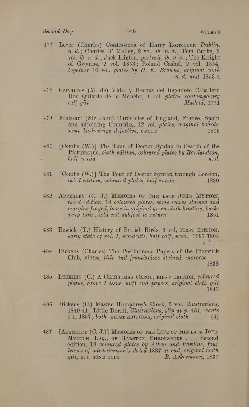 AUT 480 481 483 A84 A485 486 487 Lever (Charles) Confessions of Harry Lorrequer, Dublin, n. d.; Charles O? Malley, 2 vol. 1b. n.d.; Tom Burke, 2 vol. ib. n. d.; Jack Hinton, portrait, ib. n. d.; The Knight of Gwynne, 2 vol. 1853; Roland Cashel, 2 vol. 1854, together 10 vol. plates by H. K. Browne, original cloth n.d. and 1853-4 Cervantes (M. de) Vida, y Hechos del ingenioso Caballero Don Quixote de la Mancha, 4 vol. plates, contemporary calf gilt Madrid, 1771 Froissart (Sir John) Chronicles of England, France, Spain and adjoining Countries, 12 vol. plates, original boards, some back-strips defective, UNCUT 1808 [Combe (W.)| The Tour of Doctor Syntax in Search of the Picturesque, sixth edition, coloured plates by Rowlandson, half russia n. d. [Combe (W.)] The Tour of Doctor Syntax through London, third edition, coloured plates, half russia 1820 ApPpERLEY (C. J.) MEmoIRS oF THE LATE JOHN MyTTON, third edition, 18 coloured plates, some leaves stained and margins frayed, loose in original green cloth binding, back- strip torn; sold not subject to return 1851 Bewick (T.) History of British Birds, 2 vol, FIRST EDITION, early state of vol. I, woodcuts, half calf, worn 1797-1804 Dickens (Charles) The Posthumous Papers of the Pickwick Club, plates, title and frontispiece stained, morocco 1838 Dickens (C.) A CHRISTMAS CAROL, FIRST EDITION, coloured plates, Stave I wsue, buff end papers, original cloth gilt 1843 Dickens (C.) Master Humphrey’s Clock, 3 vol. tlustrations, 1840-41; Little Dorrit, wlustrations, slip at p. 481, wants 01,1857; both FIRST EDITIONS, original cloth (4) [ APPERLEY (C. J.)] Memoirs oF THE LIFE OF THE LATE JOHN Mytron, Esq., or Hatston, SHROPSHIRE . . . Second edition, 18 coloured plates by Alken and Rawlins, four leaves of advertisements dated 1837 at end, original cloth gut, g. €. FINE COPY R. Ackermann, 1837