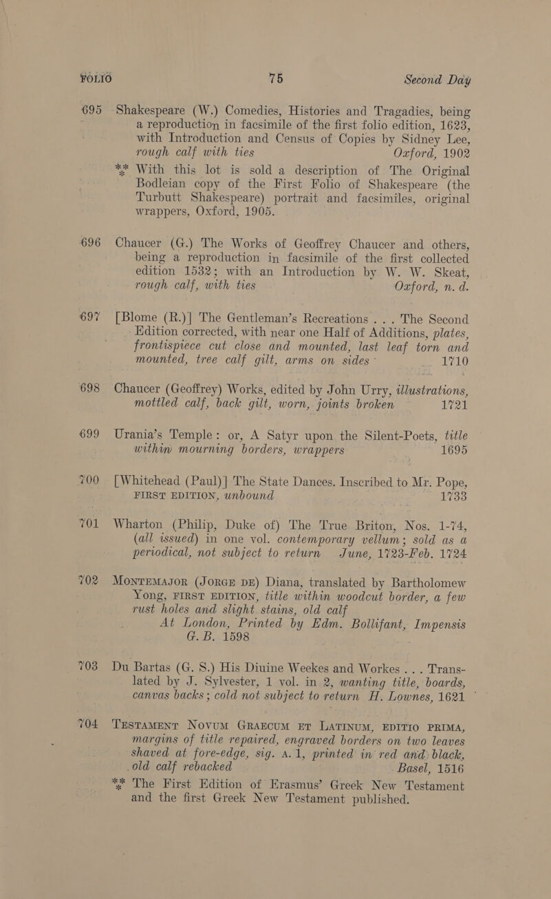 695 Shakespeare (W.) Comedies, Histories and Tragadies, being 7 a reproduction in facsimile of the first folio edition, 1623, with Introduction and Census of Copies by Sidney Lee, rough calf with ties Oxford, 1902 *. With this lot is sold a description of The Original Bodleian copy of the First Folio of Shakespeare (the Turbutt Shakespeare) portrait and facsimiles, original wrappers, Oxford, 1905. 696 Chaucer (G.) The Works of Geoffrey Chaucer and others, being a reproduction in facsimile of the first collected edition 1532; with an Introduction by W. W. Skeat, rough calf, with ties Oxford, n. d. 697 [Blome (R.)| The Gentleman’s Recreations . . . The Second Edition corrected, with near one Half of Additions, plates, frontispiece cut close and mounted, last leaf torn and mounted, tree calf gilt, arms on sides ° 1710 698 Chaucer (Geoffrey) Works, edited by John Urry, wdlustrations, mottled calf, back gilt, worn, joints broken ~ Li 20 699 Urania’s Temple: or, A Satyr upon the Silent-Poets, title within mourning borders, wrappers 1695 700 [Whitehead (Paul)] The State Dances. Inscribed to Mr. Pope, FIRST EDITION, unbound 1733 701 Wharton (Philip, Duke of) The True Briton, Nos. 1-74, (all issued) in one vol. contemporary vellum; sold as a periodical, not subject to return June, 1723-Heb. 1724 702 Monremagor (JoRGE DE) Diana, translated by Bartholomew Yong, FIRST EDITION, title within woodcut border, a few rust holes and slight. stains, old calf — At London, Printed by Edm. Bollifant, Impensis G..B1598 703 Du Bartas (G. 8S.) His Diuine Weekes and Workes .. . Trans- lated by J. Sylvester, 1 vol. in 2, wanting title, boards, canvas backs; cold not subject to return H. Lownes, 1621 © 704 Testament Novum GraEcuM Et LATINUM, EDITIO PRIMA, margins of title repaired, engraved borders on two leaves shaved at fore-edge, sig. A.1, printed in red and: black, old calf rebacked Basel, 1516 % The First Edition of Erasmus’ Greek New Testament and the first Greek New Testament published.