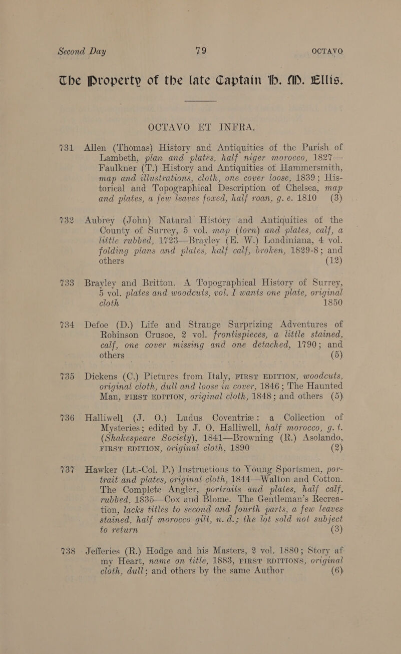 733 736 737 738 OCTAVO ET INFRA. Allen (Thomas) History and Antiquities of the Parish of Lambeth, plan and plates, half niger morocco, 182%7— Faulkner (T.) History and Antiquities of Hammersmith, map and illustrations, cloth, one cover loose, 1839; His- torical and Topographical Description of Chelsea, map and plates, a few leaves foxed, half roan, g.e. 1810 (8) Aubrey (John) Natural History and Antiquities of the County of Surrey, 5 vol. map (torn) and plates, calf, a little rubbed, 1723—Brayley (HK. W.) Londiniana, 4 vol. folding plans and plates, half calf, broken, 1829-8; and others (12) Brayley and Britton. A Topographical History of Surrey, 5 vol. plates and woodcuts, vol. I wants one plate, original cloth 1850 Defoe (D.) Life and Strange Surprizing Adventures of Robinson Crusoe, 2 vol. frontispieces, a little stained, calf, one cover missing and one detached, 1790; and others (5) Dickens (C.) Pictures from Italy, FIRST EDITION, woodcuts, original cloth, dull and loose in cover, 1846 ; The Haunted Man, FIRST EDITION, original cloth, 1848; and others (5) Halliwell (J. O.) Ludus Coventrie: a Collection of Mysteries; edited by J. O. Halliwell, half morocco, g. t. (Shakespeare Society), 1841—Browning (R.) Asolando, FIRST EDITION, original cloth, 1890 (2) Hawker (Lt.-Col. P.) Instructions to Young Sportsmen, por- trait and plates, original cloth, 1844—Walton and Cotton. The Complete Angler, portraits and plates, half calf, rubbed, 1835—Cox and Blome. 'The Gentleman’s Recrea- tion, lacks titles to second and fourth parts, a few leaves stained, half morocco gilt, n.d.; the lot sold not subject to return (3) Jefferies (R.) Hodge and his Masters, 2 vol. 1880; Story af my Heart, name on title, 1883, FIRST EDITIONS, original cloth, dull; and others by the same Author (6)