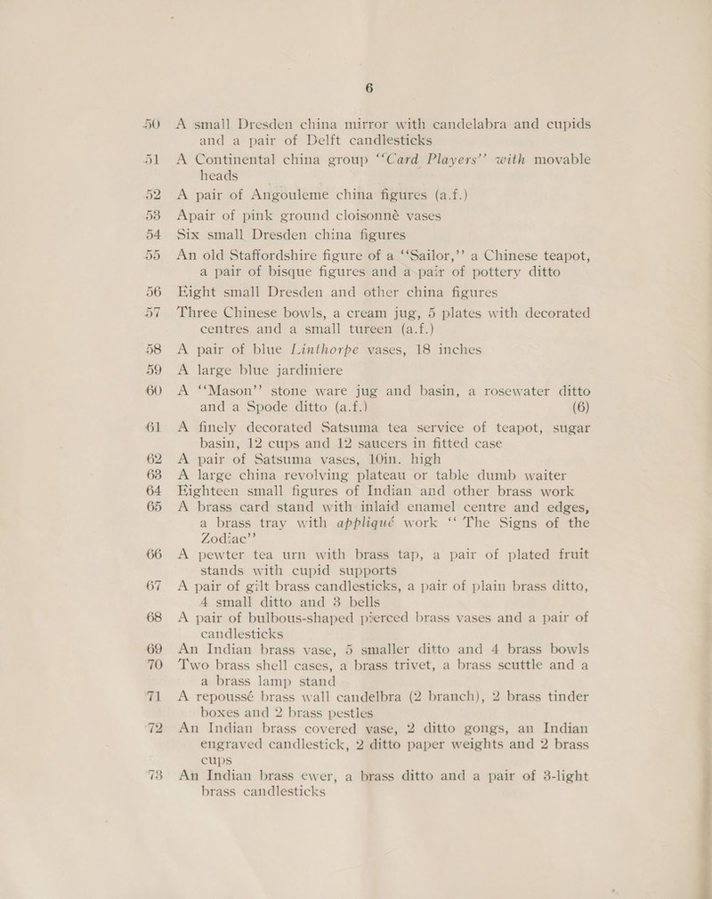 A small Dresden china mirror with candelabra and cupids and a pair of Delft candlesticks A Continental china group ‘‘Card Players’? with movable heads A pair of Angouleme china figures (a.f.) Apair of pink ground cloisonné vases Six small Dresden china figures An old Staffordshire figure of a ‘‘Sailor,’’ a Chinese teapot, a pair of bisque figures and a pair of pottery ditto Hight small Dresden and other china figures Three Chinese bowls, a cream jug, 5 plates with decorated centres and a small tureen (a.f.) pair of blue Linthorpe vases, 18 inches large blue jardiniere ‘‘Mason’’ stone ware jug and basin, a rosewater ditto and a Spodeiditto: (aii (6) finely decorated Satsuma tea service of teapot, sugar basin, 12 cups and 12 saucers in fitted case pair of Satsuma vases, 10in. high large china revolving plateau or table dumb waiter Eighteen small figures of Indian and other brass work A brass card stand with inlaid enamel centre and edges, a brass tray with appliqué work ‘‘ The Signs of the Zodiac”? A pewter tea urn with brass tap, a pair of plated fruit stands with cupid supports A pair of gilt brass candlesticks, a pair of plain brass ditto, A small ditto and 8 bells A pair of bulbous-shaped pierced brass vases and a pair of candlesticks An Indian brass vase, 5 smaller ditto and 4 brass bowls Two brass shell cases, a brass trivet, a brass scuttle and a a brass lamp stand A repoussé brass wall candelbra (2 branch), 2 brass tinder boxes and 2 brass pestles An Indian brass covered vase, 2 ditto gongs, an Indian engraved candlestick, 2 ditto paper weights and 2 brass cups An Indian brass ewer, a brass ditto and a pair of 3-light brass candlesticks Pee BS Pe