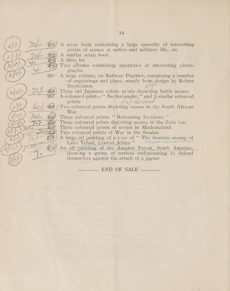 | g6y/ A scrap book containing a large quantity of interesting ee eee prints of scenes in native and military life, etc. fay Py similar scrap book  graphs 265 A large volume, on Railway Practice, containing a number of engravings and plans, mostly from design by Robert ia 3 Stephenson a/7 oF j- 266 | Three old Japanese colour prints depicting battle scenes ~——Dor A coloured print—‘' No pa &gt; and 2 similar coloured     prints thea be dims Le / KB ) Two coloured prints depicting’ scenes in the South African om War 69) Three coloured prints ‘‘ Ballooning Incidents ’ y Three coloured prints depicting scenes in the Zulu war Tun 4A) ‘Three coloured prints of scenes in Mashonaland a As ogy Two coloured prints of War in the Soudan if: £73} A large oil painting of a view of ‘‘ The ae swamp of Wiss pp Lake -Uchad “Central iirica’”” a . 274) An oif painting of the Amazon Forest, South America, at aes showing a group of natives endeavouring to defend _ themselves against the attack of a jaguar END OF SALE