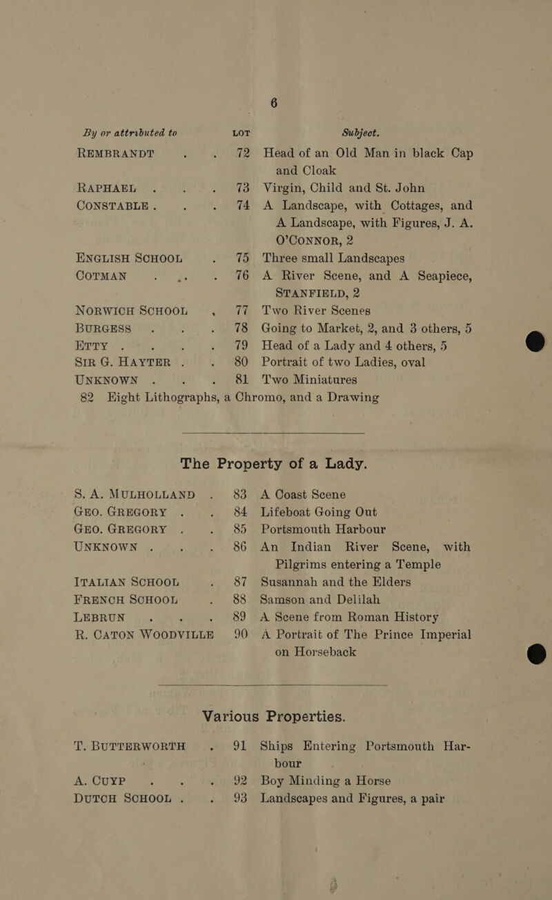 By or attrobuted to LOT Subject. REMBRANDT , . 42 Head of an Old Man in black Cap and Cloak RAPHAEL . . 73 Virgin, Child and St. John CONSTABLE . : . 74 A Landscape, with Cottages, and | A Landscape, with Figures, J. A. O’CONNOR, 2 ENGLISH SCHOOL . 5 Three small Landscapes COTMAN Pr. et . 76 A River Scene, and A Seapiece, STANFIELD, 2 NORWICH SCHOOL . 7 Two River Scenes BURGESS. ; . 78 Going to Market, 2, and 3 others, 5 Pry 2° ; ; . 79 Head of a Lady and 4 others, 5 Sin G. HAYTER . . 80 Portrait of two Ladies, oval UNKNOWN . y 81 Two Miniatures 82 Hight Lithographs, a Chromo, and a Drawing The Property of a Lady. S.A. MULHOLLAND . 83 A Coast Scene GEO. GREGORY . . $84 Lifeboat Going Out GEO. GREGORY . . 85 Portsmouth Harbour UNKNOWN . ; . 86 An Indian River Scene, with Pilgrims entering a Temple ITALIAN SCHOOL . 87 Susannah and the Elders FRENCH SOHOOL . 88 Samson and Delilah LEBRUN : . 89 A Scene from Roman History R. CATON WOODVILLE 90 A Portrait of The Prince Imperial on Horseback   Various Properties. T. BUTTERWORTH . Q1 Ships Entering Portsmouth Har- bour A. CUYP : : . 92 Boy Minding a Horse DUTCH SCHOOL . . 93 Landscapes and Figures, a pair  