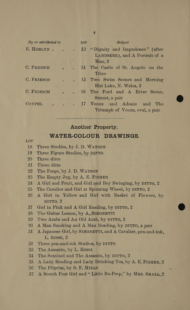 K. HOBLYN . : . 13 “Dignity and Impudence” (after LANDSEER), and A Portrait of a Man, 2 C, FREISCH : . 14 The Castle of St. Angelo on the Tiber C. FRIESCH ; . 15 Two Swiss Scenes and Morning Elsi Lake, N. Wales, 3 Sunset, a pair LOT 18 Triumph of Venus, oval, a pair  Another Property. WATER-COLOUR DRAWINGS. Three Studies, by J. D. WATSON Three Figure Studies, by DITTO Three ditto Three ditto The Forge, by J. D. WATSON The Empty Jug, by A. E. FISHER A Girl and Fruit, and Girl and Boy Swinging, by DITTo, 2 The Cavalier and Girl at Spinning Wheel, by DITTO, 2 A Girl in Yellow and Girl with Basket of Flowers, by DITTO, 2 Girl in Pink and A Girl Reading, by DITTO, 2 The Guitar Lesson, by A. SIMONETTI Two Arabs and An Old Arab, by DITTO, 2 A Man Smoking and A Man Reading, by DITTO, a pair A Japanese Girl, by SIMONETTI, and A Cavalier, pen-and-ink, L. Rossi, 2 Three pen-and-ink Studies, by DITTO The Assassin, by L. ROSSI The Sentinel and he Assassin, by DITTO, 2 A Lady Reading and Lady Drinking Tea, by A. E. FISHER, 2 The Pilgrim, by 8. F. MILLS