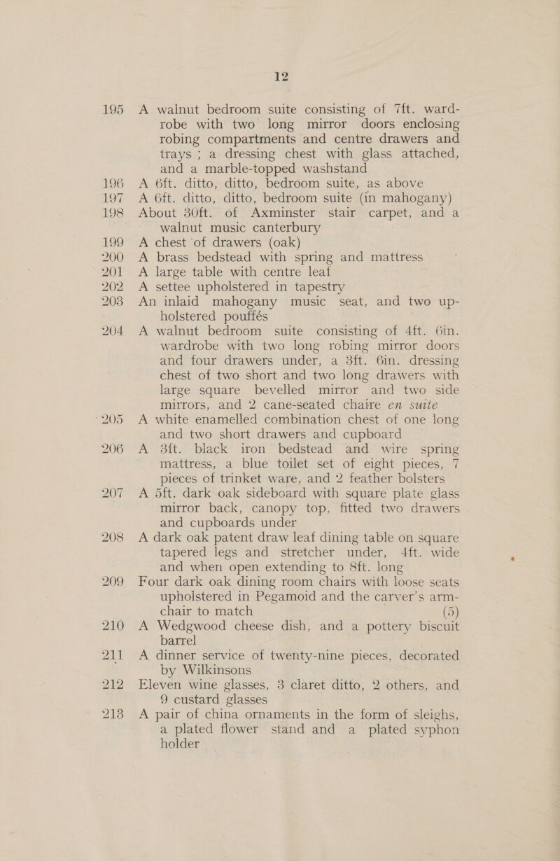 195 A walnut bedroom suite consisting of 7ft. ward- robe with two long mirror doors enclosing robing compartments and centre drawers and trays ; a dressing chest with glass attached, and a marble-topped washstand A 6ft. ditto, ditto, bedroom suite, as above A 6ft. ditto, ditto, bedroom suite (in mahogany) About 30ft. of Axminster stair. carpet, and a - walnut music canterbury A chest of drawers (oak) A brass bedstead with spring and mattress A large table with centre leat A settee upholstered in tapestry An inlaid mahogany music seat, and two up- holstered poutfés A walnut bedroom suite consisting of 4ft. 6in. wardrobe with two long robing mirror doors and four drawers under, a 3ft. 6in. dressing chest of two short and two long drawers with large square bevelled mirror and two side mirrors, and 2 cane-seated chaire en suite A white enamelled combination chest of one long and two short drawers and cupboard A 3ft. black iron bedstead and wire spring mattress, a blue ‘Toilet Set of eight pieces, 47 pieces of trinket ware, and 2 feather bolsters A 5ft. dark oak sideboard with square plate glass mirror back, canopy top, fitted two drawers and cupboards under A dark oak patent draw leaf dining table on square tapered legs and stretcher under, 4ft. wide and when open extending to. 8ft. long Four dark oak dining room chairs with loose seats upholstered in Pegamoid and the carver’s arm- chair to match 5 A Wedgwood cheese dish, and a pottery biscuit barrel A dinner service of twenty-nine pieces, decorated by Wilkinsons Eleven wine glasses, 3 claret ditto, 2 others, and 9 custard glasses | A pair of china ornaments in the form of sleighs, a plated flower stand and a plated syphon holder