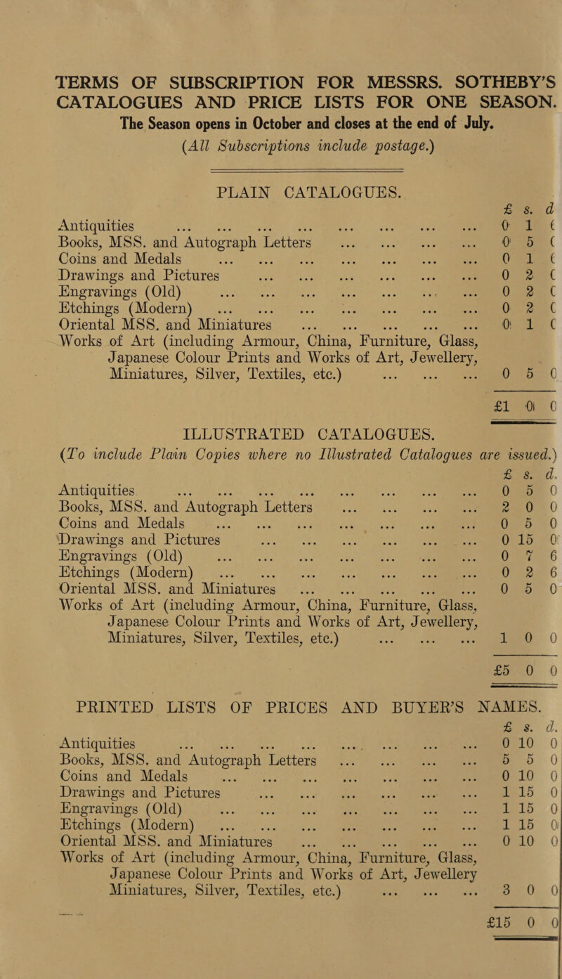 (All Subscriptions include postage.)   PLAIN CATALOGUES. Antiquities Books, MSS. and Autograph L Letters Coins and Medals Drawings and Pictures ngravings (Old) Ktchings (Modern) Oriental MSS. and Miniatures Works of Art (including Armour, China, “Furniture, ‘Glass, Japanese Colour Prints and Works OL Arty) ewellery Miniatures, Silver, Textiles, etc.) ILLUSTRATED CATALOGUES. eee OL Ge ge € (i he. ( (Varies C (i ieee ( ye, C On, ag C Do spew, ( Fi 0 FL oie 0 Antiquities ss Books, MSS. and Autograph I Letters Coins and Medals Drawings and Pictures Engravings (Old) Etchings (Modern) Oriental MSS. and Miniatures Works of Art (including Armour, China, Furniture, “Glass, Japanese Colour Prints and Works of Art, J ewellery : Miniatures, Silver, Textiles, etc.) Antiquities Books, MSS. and Autograph I Letters Coins and Medals Drawings and Pictures Engravings (Old) Etchings (Modern) Oriental MSS. and Miniatures Works of Art (including Armour, China, “Furniture, ‘Glass, Japanese Colour Prints and Works of Art, J ewellery Miniatures, Silver, Textiles, etc.) ered. Ooare 0 vate 0 G6 0 Chiat): oes 6 ie see 6 yo: 0 a 0 pa 0 mors. . 010 O mo 0 010 O Zeb 0 15 ‘Se ia ( pe OU. 0