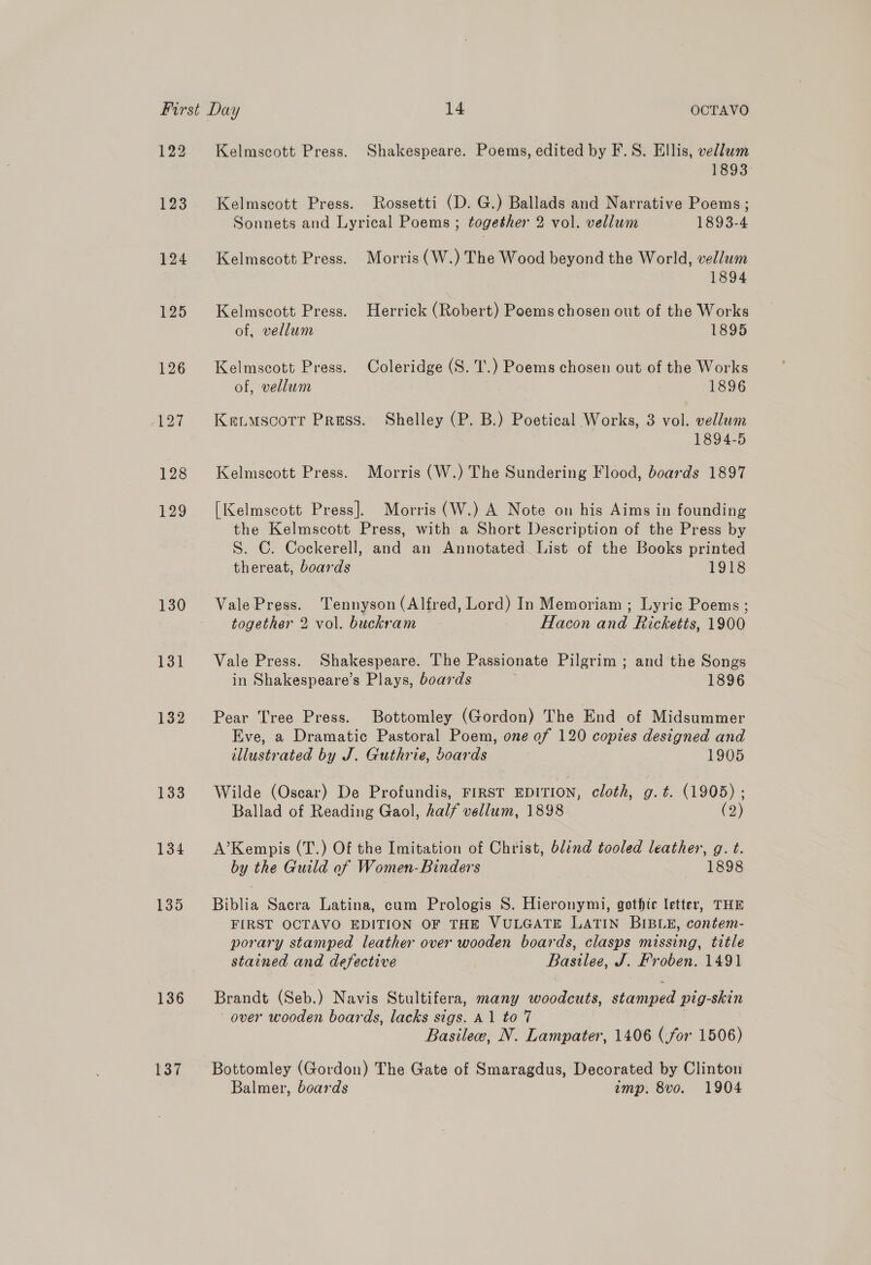 124 125 136 137 Kelmscott Press. Shakespeare. Poems, edited by F.S. Ellis, vellum 1893: Kelmscott Press. Rossetti (D. G.) Ballads and Narrative Poems ; Sonnets and Lyrical Poems ; together 2 vol. vellum 1893-4 Kelmscott Press. Morris (W.) The Wood beyond the World, vellum 1894 Kelmscott Press. Herrick (Robert) Poems chosen out of the Works of, vellum 1895 Kelmscott Press. Coleridge (S. Tl.) Poems chosen out of the Works of, vellum 1896 Ketmscotr Press. Shelley (P. B.) Poetical Works, 3 vol. vellum 1894-5 Kelmscott Press. Morris (W.) The Sundering Flood, boards 1897 [Kelmscott Press]. Morris (W.) A Note on his Aims in founding the Kelmscott Press, with a Short Description of the Press by S. C. Cockerell, and an Annotated List of the Books printed thereat, boards 1918 Vale Press. Tennyson (Alfred, Lord) In Memoriam ; Lyric Poems ; together 2 vol. buckram Hacon and Ricketts, 1900 Vale Press. Shakespeare. The Passionate Pilgrim ; and the Songs in Shakespeare’s Plays, boards 1896 Pear Tree Press. Bottomley (Gordon) The End of Midsummer Eve, a Dramatic Pastoral Poem, one of 120 copies designed and illustrated by J. Guthrie, boards 1905 Wilde (Oscar) De Profundis, FIRST EDITION, cloth, g. t. ee Ballad of Reading Gaol, half vellum, 1898 (2) A’Kempis (T.) Of the Imitation of Christ, blind tooled leather, g. t. by the Guild of Women-Binders 1898 Biblia Sacra Latina, cum Prologis S. Hieronymi, gothic letter, THE FIRST OCTAVO EDITION OF THE VULGATE LATIN BIBLE, contem- porary stamped leather over wooden boards, clasps missing, title stained and defective Bastlee, J. Froben. 1491 Brandt (Seb.) Navis Stultifera, many woodcuts, tamed pig- skin over wooden boards, lacks sigs. Al to 7 Basile, N. Lampater, 1406 (for 1506) Bottomley (Gordon) The Gate of Smaragdus, Decorated by Clinton Balmer, boards emp. 8vo. 1904