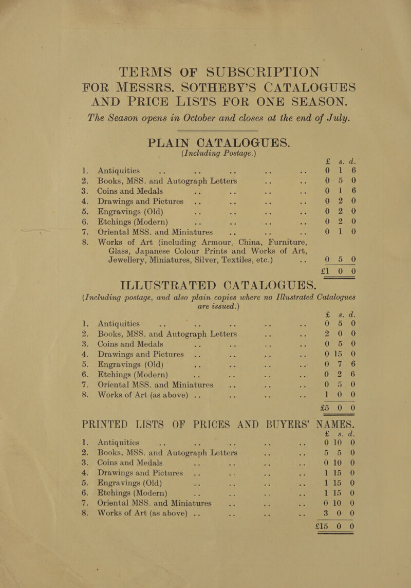 TERMS OF SUBSCRIPTION FOR MESSRS. SOTHEBY’S CATALOGUES AND PRICE LISTS FOR ONE SEASON. The Season opens in October and closes at the end of July.   PLAIN CATALOGUES. (Including Postage.) SI 1. Antiquities OG 2. Books, MSS. and ctoeeal Leber 0 5 0 3. Coins and Medals re + 0 1 6 4. Drawings and Pictures Ue 2080 5. Engravings (Old) 0 2 0 6. Etchings (Modern) as 0.2520 7. Oriental MSS. and Miniatures : 3 0 1 0 8. Works of Art (including Armour, China, rettnrel Glass, Japanese Colour Prints and Works of Art, Jewellery, Miniatures, Silver, Textiles, etc.) ors 0 5 0 x10 ae ILLUSTRATED CATALOGUES. (Including postage, and also plain copies where no Illustrated Catalogues are wssued.)  i 48. 1. Antiquities or 0 5 0 2. Books, MSS. and Antnoren ioeers 2 080 3. Coins and Medals mM as me 07 O80 4. Drawings and Pictures .. a na Net 015 0O 5. Engravings (Old) ° 0 7 6 6. Etchings (Modern) ; Dane on 7. Oriental MSS. and Miniatures , e 0 5 0 8. Works of Art (as above) .. ve a se 1 0 0 £0 0 PRINTED LISTS OF PRICES AND BUYERS’ NAMES. uene 1. Antiquities iy ms ue ; 10 0 2. Books, MSS. and ioereeh Tee + = Da OuEO 3. Coins and Medals ~ fe oh 0 10a 4. Drawings and Pictures... 'e us it elas 5. Engravings (Old) ie ye £6 on Leto 0 6. Etchings (Modern) ne if ee 115-40 7. Oriental MSS. and Ninian a sie ae 010 O 8. Works of Art (as above) .. Me ey As 3 0: 0 £15 0 0