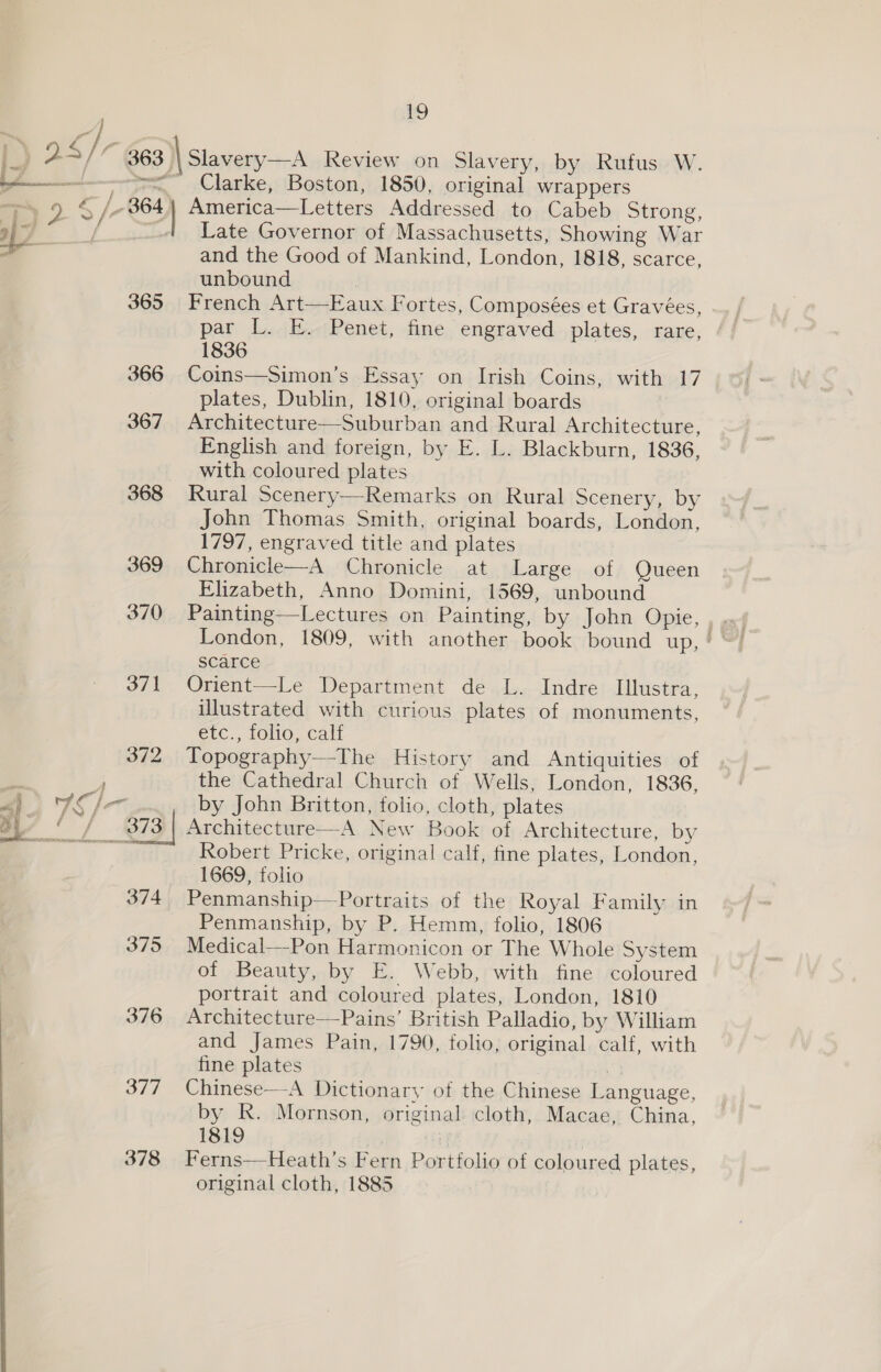 r\ ¢ <] fo i) 2.3 / 363 | Slavery—A Review on Slavery, by Rufus W. er Clarke, Boston, 1850, original wrappers 725 Je we) America—Letters Addressed to Cabeb Strong, | ~ ; af Late Governor of Massachusetts, Showing War - and the Good of Mankind, London, 1818, scarce, unbound 365 French Art—-Eaux Fortes, Composées et Gravées, par L. E. Penet, fine engraved plates, rare, 1836 366 Coins—Simon’s Essay on Irish Coins, with 17 plates, Dublin, 1810, original boards 367 Architecture—Suburban and Rural Architecture, English and foreign, by E. L. Blackburn, 1836, with coloured plates 368 Rural Scenery—Remarks on Rural Scenery, by John Thomas Smith, original boards, London, 1797, engraved title and plates : 369 Chronicle—A Chronicle at Large of Queen Elizabeth, Anno Domini, 1569, unbound scarce 371 Orient—Le Department de L. Indre Illustra, illustrated with curious plates of monuments, etc., folio, calf 372 Topography—-The History and Antiquities of the Cathedral Church of Wells, London, 1836, by John Britton, folio, cloth, plates Architecture—A New Book of Architecture, by Robert Pricke, original calf, fine plates, London, 1669, folio 374 Penmanship—Portraits of the Royal Family in Penmanship, by P. Hemm, folio, 1806 375 Medical—-Pon Harmonicon or The Whole System of Beauty, by E. Webb, with fine coloured portrait and coloured plates, London, 1810 376 Architecture—Pains’ British Palladio, by William and James Pain, 1790, folio, original calf, with fine plates 3 377 Chinese—A Dictionary of the Chinese Language, by R. Mornson, original: cloth, Macae, China, 1819 : 378 Ferns—Heath’s Fern Portfolio of coloured plates, original cloth, 1885 