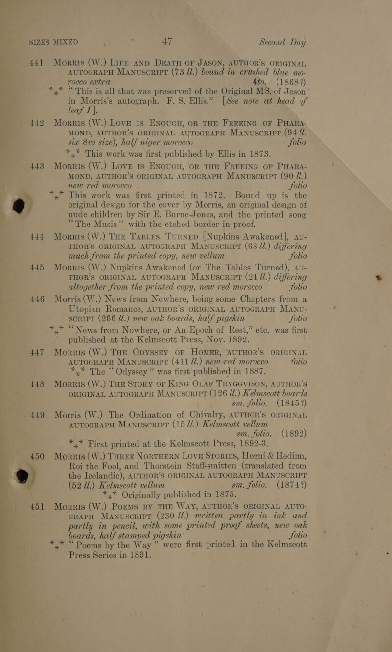 441 Morris (W.) Lirr AND DEATH OF JASON, AUTHOR’S ORIGINAL AUTOGRAPH MANUSCRIPT (73 Jl.) bound in crushed blue mo- rocco extra 4to. (1868 2) */* “This is all that was preserved of the Original MS»of Jason’ in Morris’s autograph. F. 8. Ellis.” [See note at head of leaf I |. 442 Morris (W.) Love 1s ENouGH, oR THE FREEING OF PHARA- MOND, AUTHOR’S ORIGINAL AUTOGRAPH MANUSCRIPT (94 U1. sia 8vo size), half niger morocco Solio *,* This work was first published by Ellis in 1873. 443 Morris (W.) Love 1s ENouGH, oR THE FREEING OF PHARA- MOND, AUTHOR’S ORIGINAL AUTOGRAPH MANUuscRIPT (90 Zi.) new red morocco Solio *,* This work was first printed in 1872. Bound up is the t | original design for the cover by Morris, an original design of nude children by Sir E. Burne-Jones, and the printed song “The Music” with the etched border in proof. 444 Morris (W.) Toe Tasies Turnep [Nupkins Awakened], av- THOR’S ORIGINAL AUTOGRAPH MANuscript (68 ll.) differing much from the printed copy, new vellum Solio 445 Morris (W.) Nupkins Awakened (or The Tables Turned), av- THOR’S ORIGINAL AUTOGRAPH Manuscript (24 Ul.) differing altogether from the printed copy, new red morocco Solio 446 Morris(W.) News from Nowhere, being some Chapters from a Utopian Romance, AUTHOR’S ORIGINAL AUTOGRAPH MANU- SORIPT (266 UW.) new oak boards, half pigskin folio y* “News from Nowhere, or An Epoch of Rest,” etc. was first published at the Kelmscott Press, Nov. 1892. 447 Morris (W.) THe Opyssty oF HoMER, AUTHOR’S ORIGINAL AUTOGRAPH MANuscriIPT (411 J.) new red morocco folio *,* The “ Odyssey ” was first published in 1887. 448 Morris (W.) Tue Story or Kine OLAF TRYGGVISON, AUTHOR’S ORIGINAL AUTOGRAPH MANuScRIPT (126 Ul.) Kelmscott boards sm. folio. (1845 2) 449 Morris (W.) The Ordination of Chivalry, AUTHOR’S ORIGINAL AUTOGRAPH Manuscript (15 ll.) Kelmscott vellum sm. folio. (1892) *,* First printed at the Kelmscott Press, 1892-3. 450 Morris (W.) THREE NORTHERN LOVE SToRIES, Hogni &amp; Hedinn, Roi the Fool, and Thorstein Staff-smitten (translated from i the Icelandic), AUTHOR’S ORIGINAL AUTOGRAPH MANUSCRIPT (52 Ul.) Kelmscott vellum sm. folio. (18742) *.* Originally published in 1875. ' | 451 Morris (W.) PormMs BY THE WAY, AUTHOR’S ORIGINAL AUTO- zi GRAPH Manuscript (230 Ii.) written partly in ink and oy partly in pencil, with some printed proof sheets, new oak . boards, half stamped pigskin: Solio *,* “Poems by the Way ” were first printed in the Kelmscott Press Series in 1891. * 