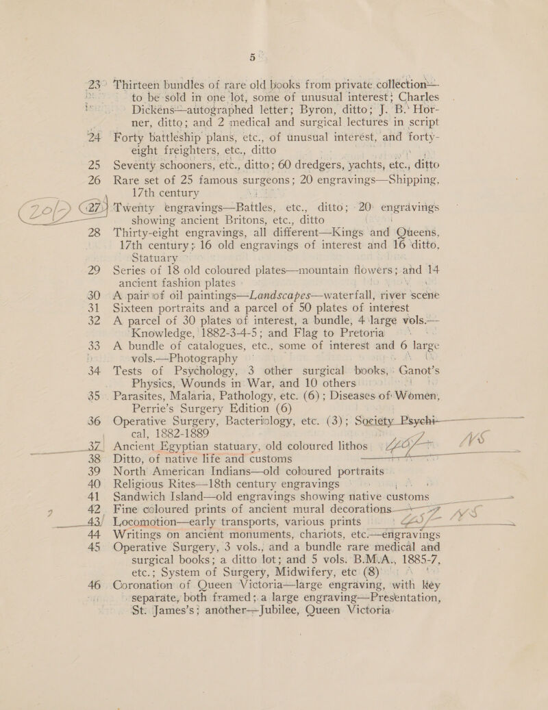 23° Thirteen bundles of rare old books from private colléction— “| to be sold in one lot, some of unusual interest : Charles BST - Dickénsautographed letter; Byron, ditto; J. B.‘ Hor- ner, ditto; and 2 medical and surgical lectures in script 24 Forty Battieship’ plans, etc., of unusual interest, and forty- eight freighters, etc., ditto | _ 25 Seventy schooners, etc., te doce yachts, etc., ditto 26 Rare set of 25 famous surgeons 20 piece eee Chappine ey 17th century : G27 7} Twenty enggavimgs Battles, etc., ditto; ee aed showing ancient Britons, etc., ditto | 28 Thirty- eight engravings, all different—Kings and Queens, : l7th century ; 16 old engravings of interest — 16 ‘ditto, Statuary: 29 Series of 18 old clenped Slates = mbaittain flows ers; jad 4 ancient fashion plates » 30 A pairiof oil paintings —Landscapes—waterfall, river scene 31 Sixteen portraits and a parcel of 50 plates of interest 32 A parcel of 30 plates of interest, a bundle, 4 large vels.— ‘Knowledge, 1882-3-4-5; and Flag to Pretoria. 33 A bundle of catalogues, ete., some of interest ane 6 args ». yols—Photography © tae 34 Tests of Psychology, 3 other surgical books} Ganot’ s . Physics,: Wounds in: War, and 10 othersi:i») © 35.. Parasites, Malaria, Pathology, etc. (6); Diseases of bcd , Perrie’s Surgery Edition (6)  i cal, 1882-1889 ; 2a Ancient Egyptian statuary, old coloured lithos. ae O, &lt;tr 38 Ditto, of native life and customs ot 39 North American Indians—old coloured portraits: | 40. Religious Rites=-18th century engravings © ij Ao 41 Sandwich Island—old engravings showing native customs d, | yA _43/ Locomotion—early transports, various prints Lis. 44 Writings on ancient monuments, chariots, etc. engravings 45 Operative Surgery, 3 vols.; and a bundle rare medical and surgical books; a ditto lot; and 5 vols. B.M. A., ee 7, etc.; System of Surgery, Midwifery, etc (8) , 46 Coronation of. Queen Victoria—large engraving, cardi Key separate, both framed;.a large engraving—Presentation, St: James’s; another-— Jubilee, Queen Victoria: