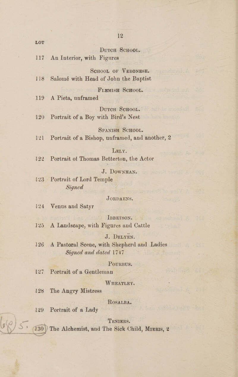 117 118 119  12 Dutca ScHOOL. An Interior, with Fignres ScHooL OF VERONESE. Salomé with Head of John the Baptist FLemisH SCHOOL. A Pieta, unframed DutcH ScHooL. Portrait of a Boy with Bird’s Nest SpanisH ScHOooL. Portrait of a Bishop, unframed, and another, 2 LELy. Portrait of Thomas Betterton, the Actor J. Downman, Portrait of Lord Temple Signed J ORDAENS. Venus and Satyr IBBETSON. A Landscape, with Figures and Cattle J. DELYEN. Signed and dated 1747 PouRBUS. Portrait of a Gentleman WHEATLEY. The Angry Mistress | | RosaLBA. Portrait of a Lady © TENIERS.