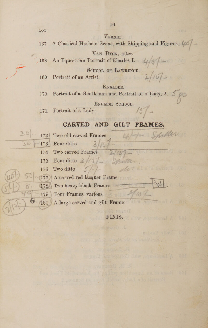 VERNET. 167 A Classical Harbour Scene, with Shipping and Figures G6] ‘ Van Dyok, after. 168 An Equestrian Portrait of Charles I. # > é ao eae Say + ee 4 5 J ScHooLt oF LAWRENCE. 7 “Soe 169 Portrait of an Artist bj /O/ 3 KNELLER. a i70 Portrait of a Gentleman and Portrait of a Lady,2 § @. EncuisH ScHoot. | VV 171 ~~ Portrait of a Lady fs &amp; CARVED AND - he ‘FRAMES. ec emuonnenenl —_ Pood 72\ Two old carved Frames bt ae Cg MOA | || Four ditto hh : 3 ial 174 Two carved Frames 3. 175 Four ditto 2 //5 / |  a 176 Twoditto §/./ fai) oth ‘4 J Ue iy 9% 77>) A carved red lacquer Frame 2 ( 178) Two heavy black Frames —— W. ra rs —— * ey we | 179 | Four Frames, various | f\\ n= © / | (180) A large carved and gilt Frame FINIS.