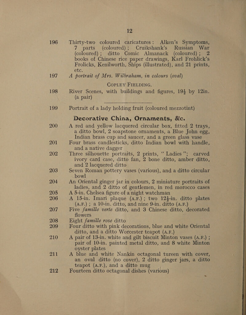 196 |b 198 199 200 201 202 203 204 205 206 208 209 210 211 212 12 Thirty-two coloured caricatures: Alken’s Symptoms, 7 parts (coloured); Cruikshank’s Russian War (coloured) ; ditto Comic Almanack (coloured); 2 books of Chinese rice paper drawings, Karl Frohlick’s Frolicks, Kenilworth, Ships (illustrated), and 21 prints, etc. A portrait of Mrs. Wilbraham, in colours (oval) CoPLEY FIELDING. River Scenes, with buildings and figures, 194 by 12in. (a pair) . Portrait of a lady holding fruit (coloured mezzotint) Decorative China, Ornaments, &amp;c. A red and yellow lacquered circular box, fitted 2 trays, a ditto bowl, 2 soapstone ornaments, a Blue John egg, Indian brass cup and saucer, and a green glass vase Four brass candlesticks, ditto Indian bowl with handle, and a native dagger Three silhouette portraits, 2 prints, ‘‘ Ladies ’’; carved ivory card case, ditto fan, 2 bone ditto, amber ditto, and 2 lacquered ditto Seven Roman pottery vases (various), and a ditto circular bowl An Oriental ginger jar in colours, 2 miniature portraits of ladies, and 2 ditto of gentlemen, in red morocco cases A 5-in. Chelsea figure of a night watchman A 15-in. Imari plaque (A.F.); two 124-in. ditto plates (A.F.) ; a 10-in. ditto, and nine 9-in. ditto (A.F.) flowers ; Eight famille rose ditto Four ditto with pink decorations, blue and white Oriental ditto, and a ditto Worcester teapot (A.F.) A pair of 13-in. white and gilt biscuit Minton vases (A.F.) ; pair of 10-in. painted metal ditto, and 8 white Minton oyster plates A blue and white Nankin octagonal tureen with cover, an oval ditto (no cover), 2 ditto ginger jars, a ditto teapot (A.F.), and a ditto mug Fourteen ditto octagonal dishes (various) 