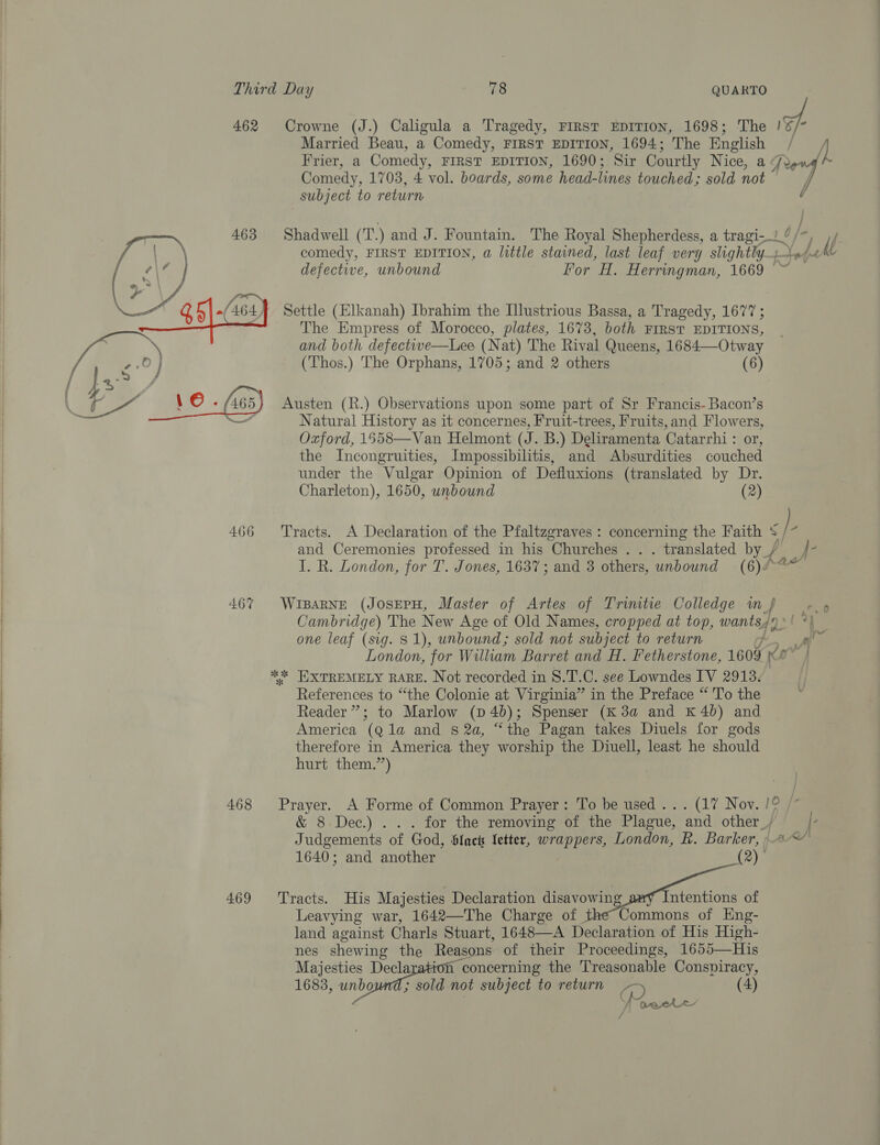 \ 462 Crowne (J.) Caligula a Tragedy, First EDITION, 1698; The !%/- Married Beau, a Comedy, FIRST EDITION, 1694; The English A Frier, a Comedy, FIRST EDITION, 1690; Sir Courtly Nice, a J? Comedy, 1703, 4 vol. boards, some head-lines touched; sold not 4 subject to return 463 Shadwell (T.) and J. Fountain. The Royal Shepherdess, a tragi-.)//~, // comedy, FIRST EDITION, a little stained, last leaf very ghee Any dl r\e defective, unbound For H. Herringman, 1669 © and both defective—Lee (Nat) The Rival Queens, 1684—Otway Natural History as it concernes, Fruit-trees, Fruits,and Flowers, Oxford, 1558—Van Helmont (J. B.) Deliramenta Catarrhi: or the Incongruities, Impossibilitis, and Absurdities couched under the Vulgar Opinion of Defluxions (translated by Dr. Charleton), 1650, unbound 466 Tracts. A Declaration of the Pfaltzgraves : concerning the Faith % L and Ceremonies professed in his Churches . . . translated by _/ Je I. R. London, for T. Jones, 1637; and 3 others, ‘unbound (6)4-4 467 WIBARNE (JOSEPH, Master of Artes of Trinitie Colledge nf + Cambridge) The New Age of Old Names, cropped at top, wants, fa 5 one leaf (sig. 81), unbound; sold not subject to return Al London, for William Barret and H. Fetherstone, 1609 Kew} *2* HWXTREMELY RARE. Not recorded in 8.T.C. see Lowndes IV 2913. References to “the Colonie at Virginia” in the Preface “ 'To the Reader”; to Marlow (p 4b); Spenser (K 3a and K 4b) and America ‘(Q la and s 2a, “the Pagan takes Diuels for gods therefore in America they worship the Diuell, least he should hurt them.”) 468 Prayer. A Forme of Common Prayer: To be used... (17 Nov. | o &amp; 8. Dec.) . for the removing of the Plague, and other. | . I- Judgements of God, blac Letter, wrappers, London, Rk. Barker, » ~~ 1640; and another (2) ° 469 ‘Tracts. His Majesties Declaration ising pa Wt of Leavying war, 1642—The Charge of Commons of Eng- land against Charls Stuart, 1648—A Declaration of His High- nes shewing the Reasons of their Proceedings, 1655—His Majesties Declaration concerning the Treasonable Conspiracy, 1683, unbound; sold not subject to return fe, (4) 4 we eAw f vA