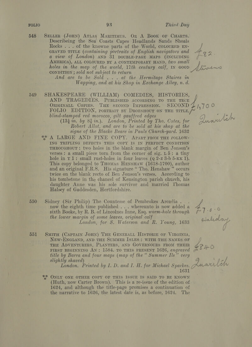 FOLIO 548 549 550 551 93 Third Day SELLER (JOHN) AtTtAS Maritrmus. Or A Book or CuHarts. Describeing the Sea Coasts Capes Headlands Sands Shoals Rocks . . . of the knowne parts of the World, coLoURED EN- GRAVED TITLE (containing portraits of English navigators and a view of London) AND 31 DOUBLE-PAGE MAPS (INCLUDING AMERICA), ALL COLOURED BY A CONTEMPORARY HAND, two small holes in the map of the world, 1%th century calf, IN GooD CONDITION ; sold not subject to return And are to be Sold ... at the Hermitage Staires in Wapping, and at his Shop in Exchange Alley, n. d. SHAKESPEARE (WILLIAM) COMEDIES, HISTORIES, AND TRAGEDIES. PusiisHEeD accoRDING TO THE TRUE ORIGINALL Copies. THE SECOND IMPRESSION. SECOND FOLIO EDITION, portrait py DROESHOUT ON THE TITLE, blind-stamped red morocco, gilt gauffred edges (184m. by 8Eim.). London, Printed by Tho. Cotes, for Robert Allot, and are to be sold at his shop at the signe of the Blacke Beare in Pauls Church-yard. 1632 e A LARGE AND FINE COPY. Apart FROM THE fOLLOW- ING TRIFLING DEFECTS THIS COPY IS IN PERFECT CONDITION THROUGHOUT: two holes in the blank margin of Ben Jonson’s verses: a small piece torn from the corner of sig. L5: a tiny hole in y 1: small rust-holes in four leaves (Q 2-z 3-b 5-KK 1). This copy belonged to THomas HEnsHAW (1618-1700), author and an original F.R.S. His signature “ Tho. Henshaw ” occurs twice on the blank recto of Ben Jonson’s verses. According to his tombstone in the chancel of Kensington parish church, his daughter Anne was his sole survivor and married {homas Halsey of Gaddesden, Hertfordshire. Sidney (Sir Philip) The Countesse of Pembrokes Arcadia . now the eighth time published . . . whereunto is now added a sixth Booke, by R. B. of Lincolnes Inne, Esq. worm-hole through the lower margin of some leaves, original calf London, for S. Waterson and Rk. Young, 1633 SmirH (Caprain JoHN) THE GENERALL HISTORIE OF VIRGINIA, NEW-ENGLAND, AND THE SUMMER ISLES : WITH THE-NAMES OF THE ADVENTURERS, PLANTERS, AND GOVERNOURS FROM THEIR FIRST BEGINNING AN: 1584. TO THIS PRESENT 1626, engraved title by Barra and four maps (map of the “ Summer Ils” very slightly shaved) 1631 ** ONLY ONE OTHER COPY OF THIS ISSUE IS SAID TO BE KNOWN (Huth, now Carter Brown). This is a re-issue of the edition of 1624, and although the title-page promises a continuation of the narrative to 1626, the latest date is, as before, 1624. The la | Sig plalat ZP 40 G PRAAOISMA te, al 2 y