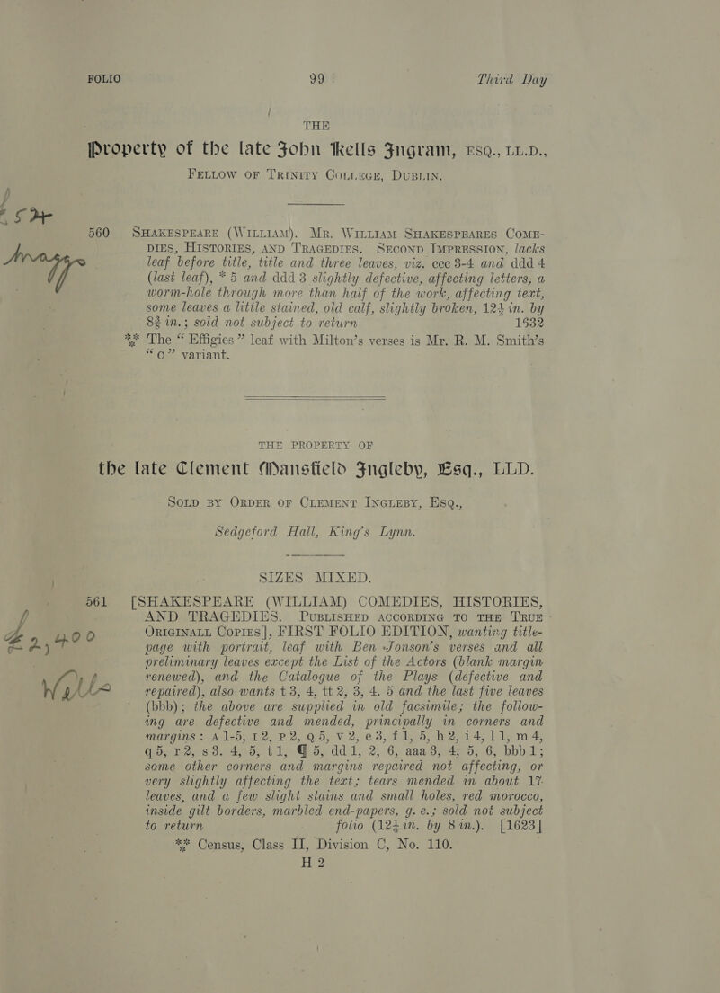 ; ; . THE [Property of the late Fobn Kells Fngram, e£se., wu.v., FELLOW OF TRINITY COLLEGE, DUBLIN. 560 SHAKESPEARE (WILLIAM). Mr. Wintiam SHAKESPEARES CoME- DIES, HISTORIES, AND TRAGEDIES. SEconp Impression, lacks leaf before title, title and three leaves, viz. cece 3-4 and ddd 4 (last leaf), * 5 and ddd 3 slightly defective, affecting letters, a worm-hole through more than half of the work, affecting tect, some leaves a little stained, old calf, slightly broken, 124 in. by 82in.; sold not subject to return 1532 * The “ Effigies ” leaf with Milton’s verses is Mr. R. M. Smith’s “O77 yariant.   TITLE PRO RERS YauOu the late Clement Manstield Fngleby, Lsq., LLD. SOLD BY ORDER OF CLEMENT INGLEBY, ESqQ., Sedgcford Hall, King’s Lynn. SIZES MIXED. 561. [SHAKESPEARE (WILLIAM) COMEDIES, HISTORIES, y, AND TRAGEDIES. PUBLISHED ACCORDING TO THE TRUE ° tt 4.0 0 ORIGINALL CoPigs], FIRST FOLIO EDITION, wanting title- —_ A) page with portrait, leaf with Ben Jonson's verses and all preliminary leaves except the List of the Actors (blank margin fe renewed), and the Catalogue of the Plays (defective and ms repaired), also wants t 3, 4, tt 2, 3, 4. 5 and the last five leaves ' (bbb); the above are supplied in old facsimile; the follow- ing are defective and mended, principally im corners and margins © Al-d,. 12, P2,.Q 5, Vv 2, e.3, £4,.5, D214, 145m 4 Wet 8 ote bs tile @ 5, ddl, 2;. 6, aaadeee 5;.6, bbbal; some other corners and margins repaired not affecting, or very slightly affecting the text; tears mended im about 17%. leaves, and a few slight stains and small holes, red morocco, inside gilt borders, marbled end-papers, g.e.; sold not subject to return | folio (124m. by 81n.). [1623] ** Census, Class II, Division C, No. 110.